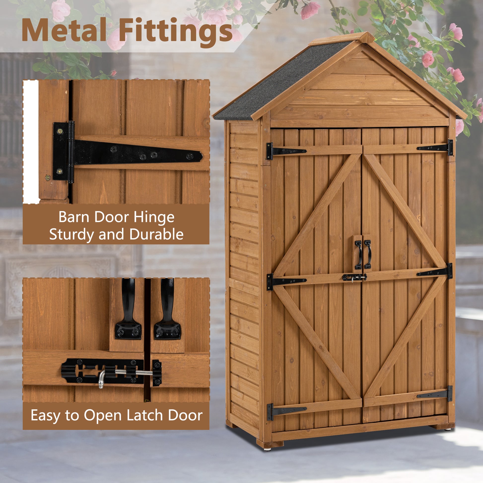 Outdoor Storage Cabinet, Garden Wood Tool Shed, Outside Wooden Shed Closet With Shelves And Latch For Yard 39.56"X 22.04"X 68.89" Yellow Brown Wood Stainless Steel