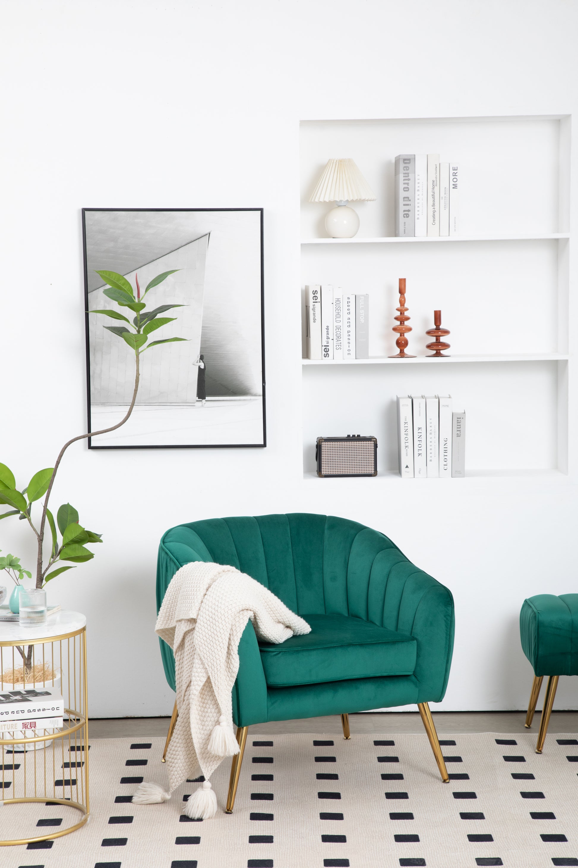 Velvet Accent Chair With Ottoman, Modern Tufted Barrel Chair Ottoman Set For Living Room Bedroom, Golden Finished, Christmas Green Green Foam Velvet