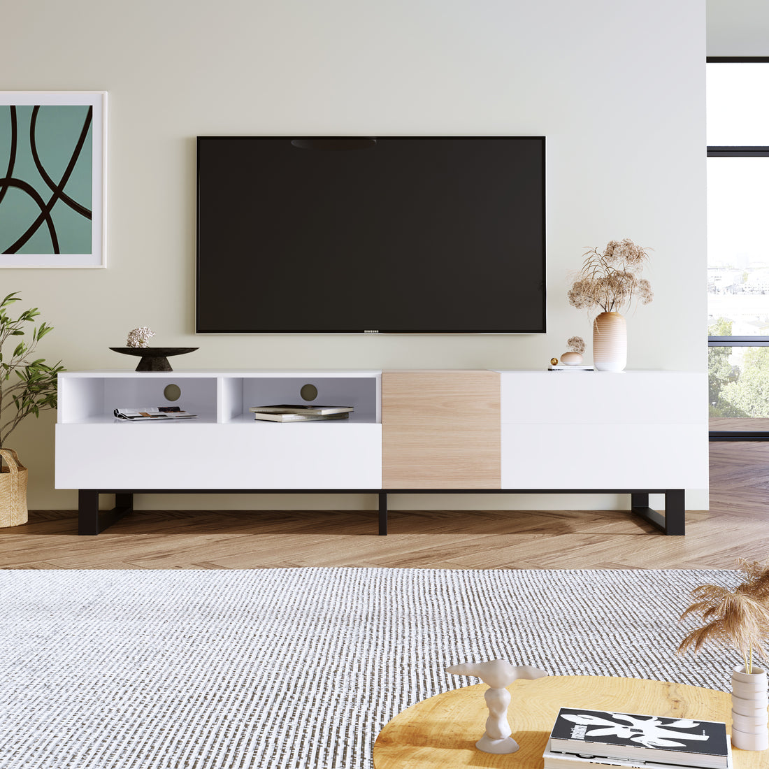 Modern Tv Stand For 80'' Tv With Double Storage Space, Media Console Table, Entertainment Center With Drop Down Door For Living Room, Bedroom, Home Theatre White 70 79 Inches Mdf