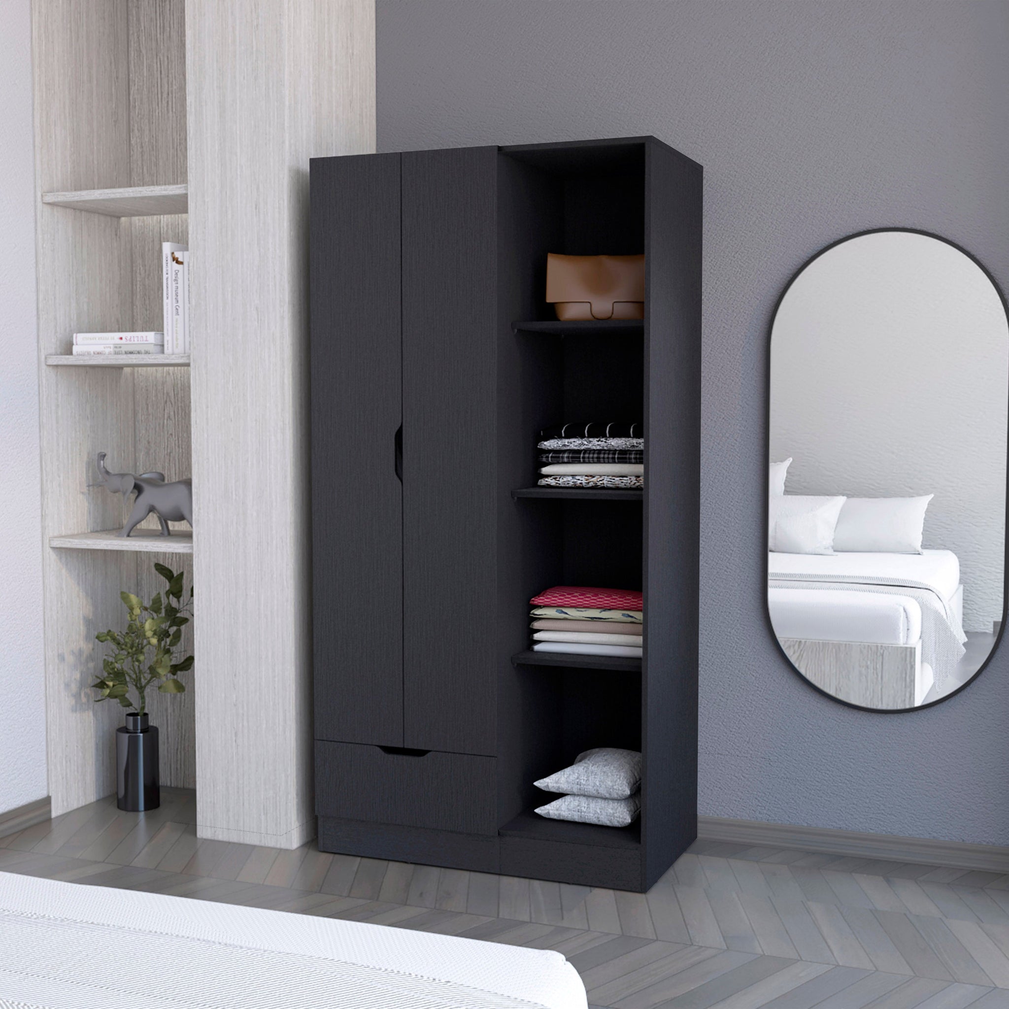 Cimarron 2 Door Armoire With Open Compartment Black Black Engineered Wood