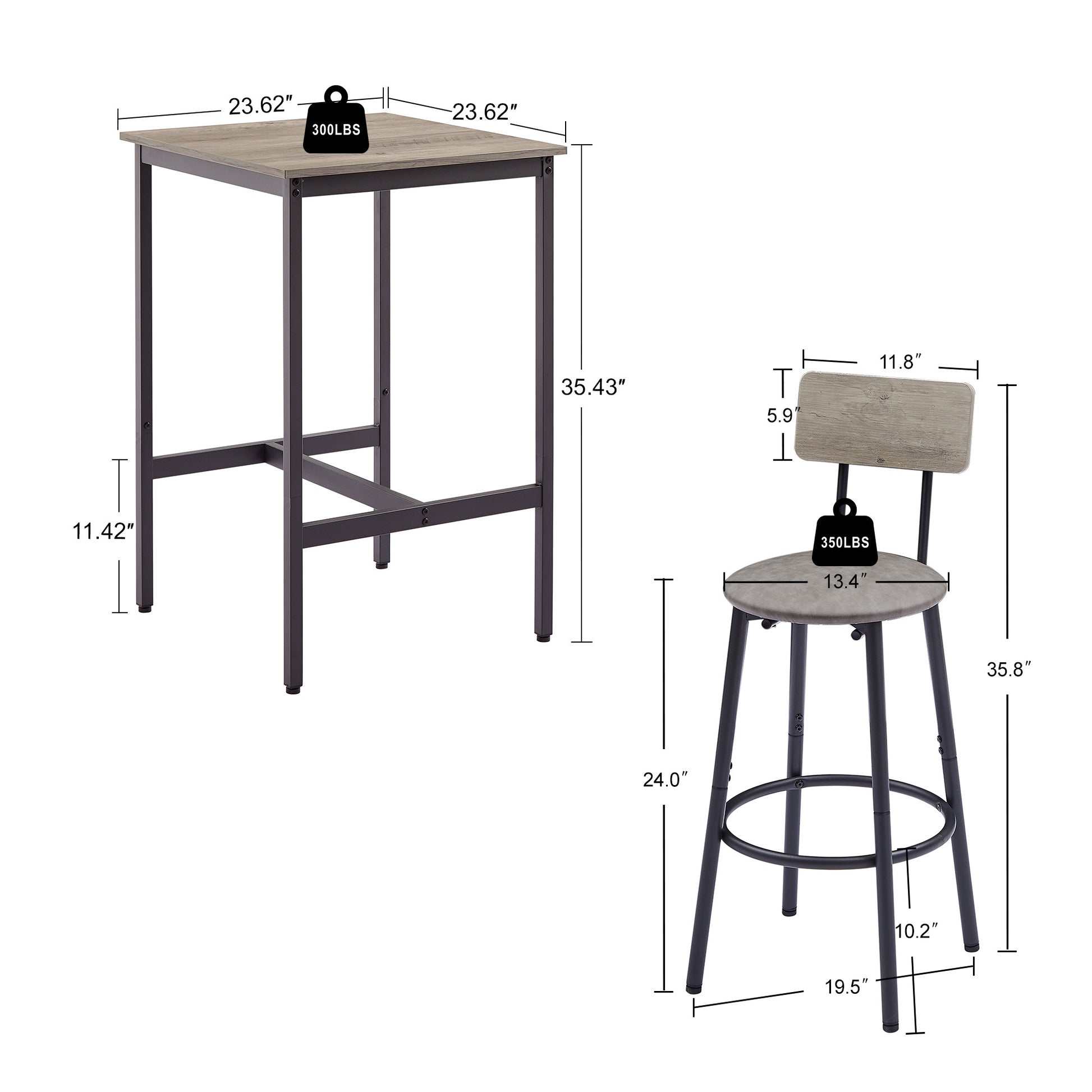 Bar Table Set With 2 Bar Stools Pu Soft Seat With Backrest, Grey, 23.62'' W X 23.62'' D X 35.43'' H Grey Particle Board