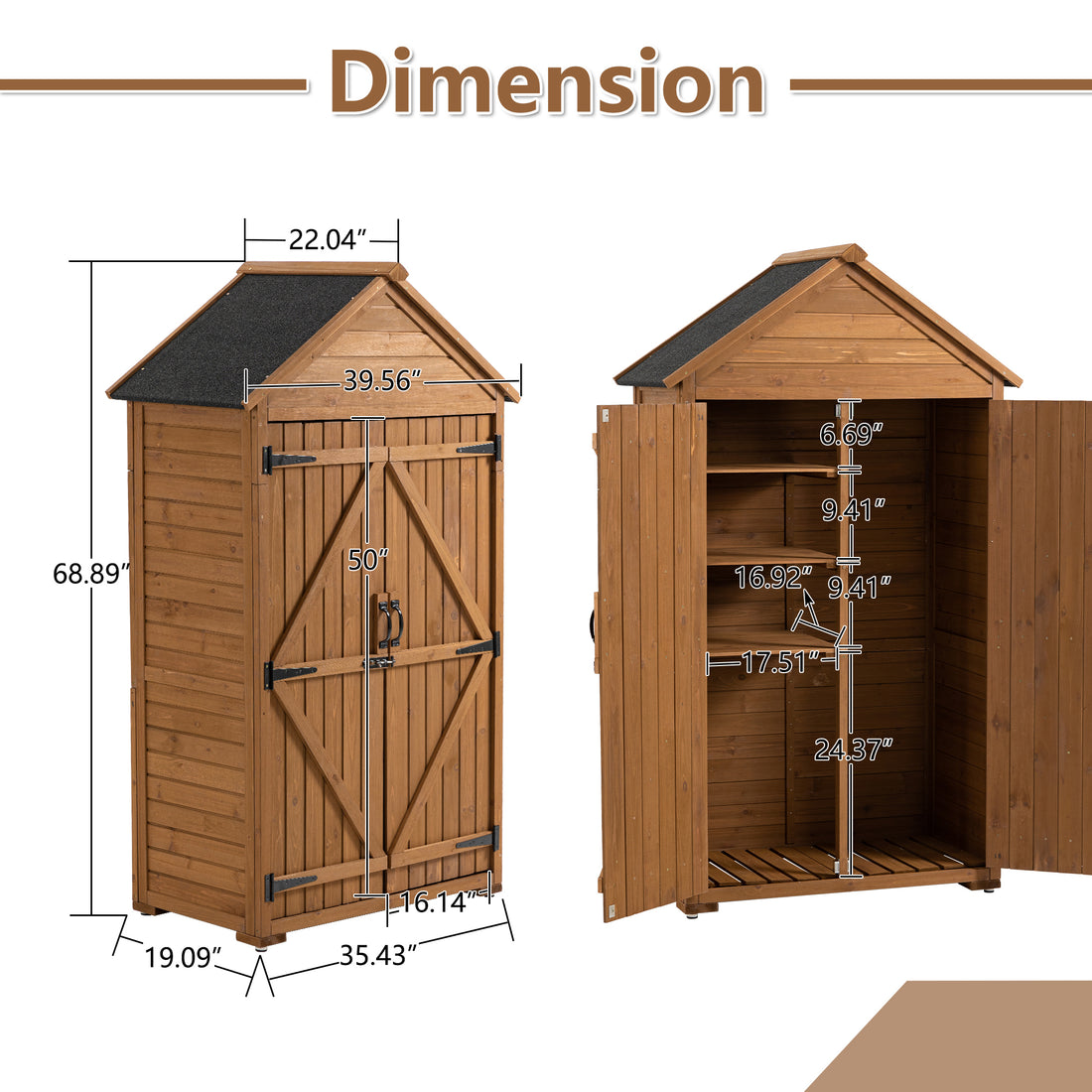 Outdoor Storage Cabinet, Garden Wood Tool Shed, Outside Wooden Shed Closet With Shelves And Latch For Yard 39.56"X 22.04"X 68.89" Yellow Brown Wood Stainless Steel