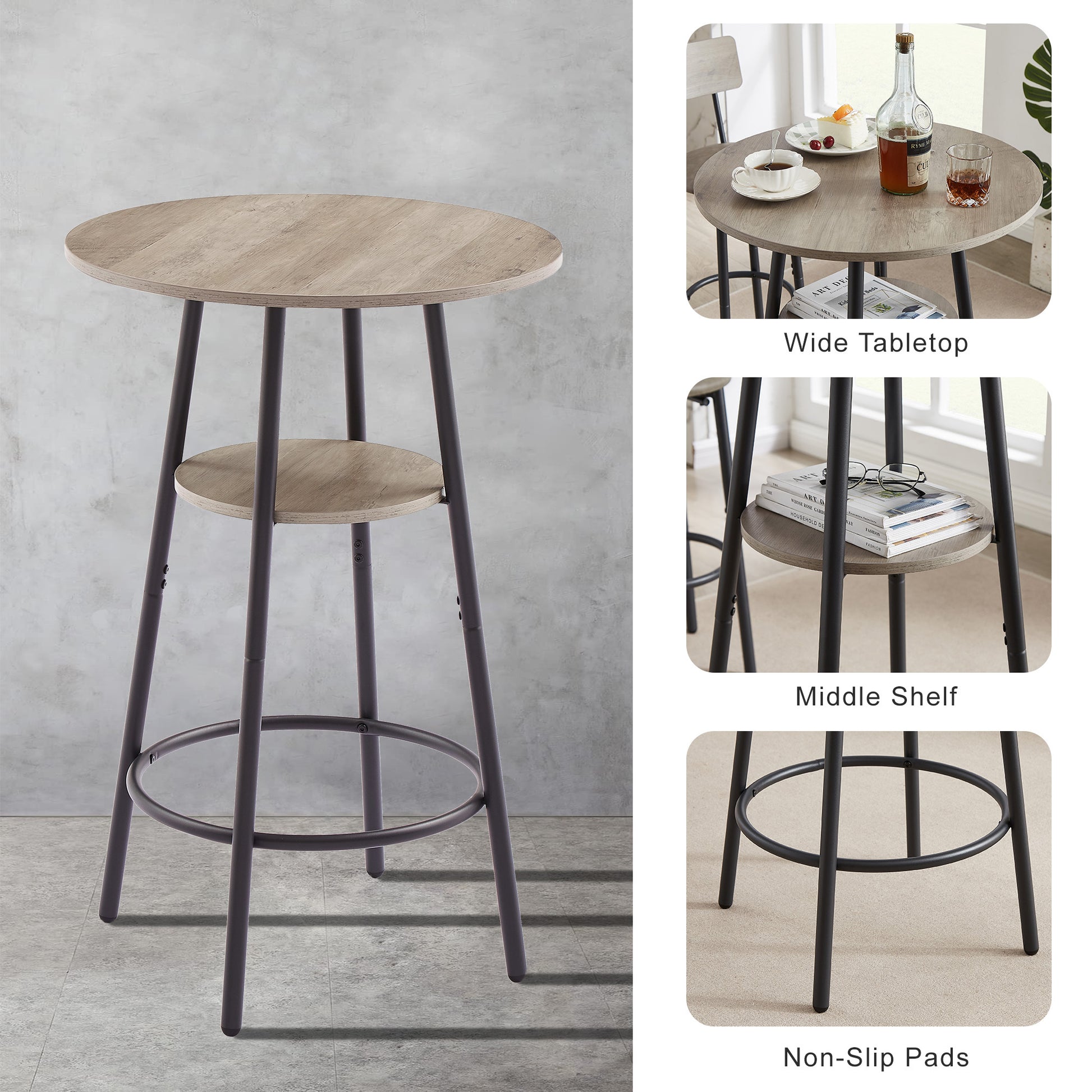 Round Bar Stool Set With Shelf, Upholstered Stool With Backrest Grey, 23.62'' W X 23.62'' D X 35.43'' H. Grey Particle Board