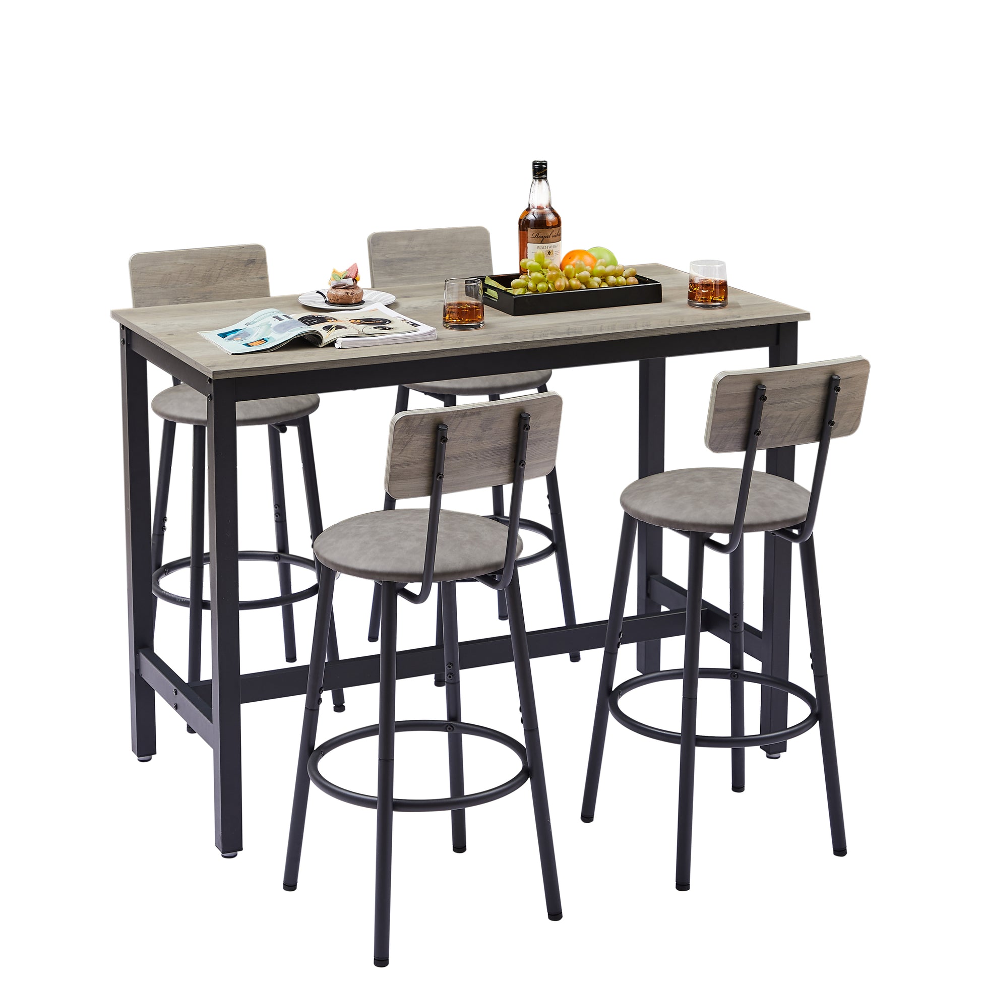 Bar Table Set With 4 Bar Stools Pu Soft Seat With Backrest, Grey, 47.24'' L X 23.62'' W X 35.43'' H Grey Particle Board