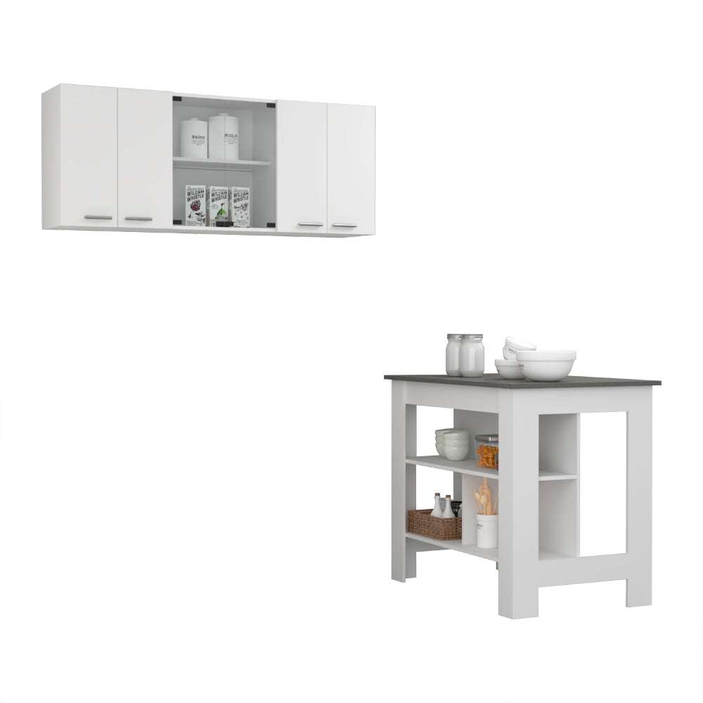 White And Onyx 2 Piece Kitchen Set, Kitchen Island And Wall Cabinet White Engineered Wood