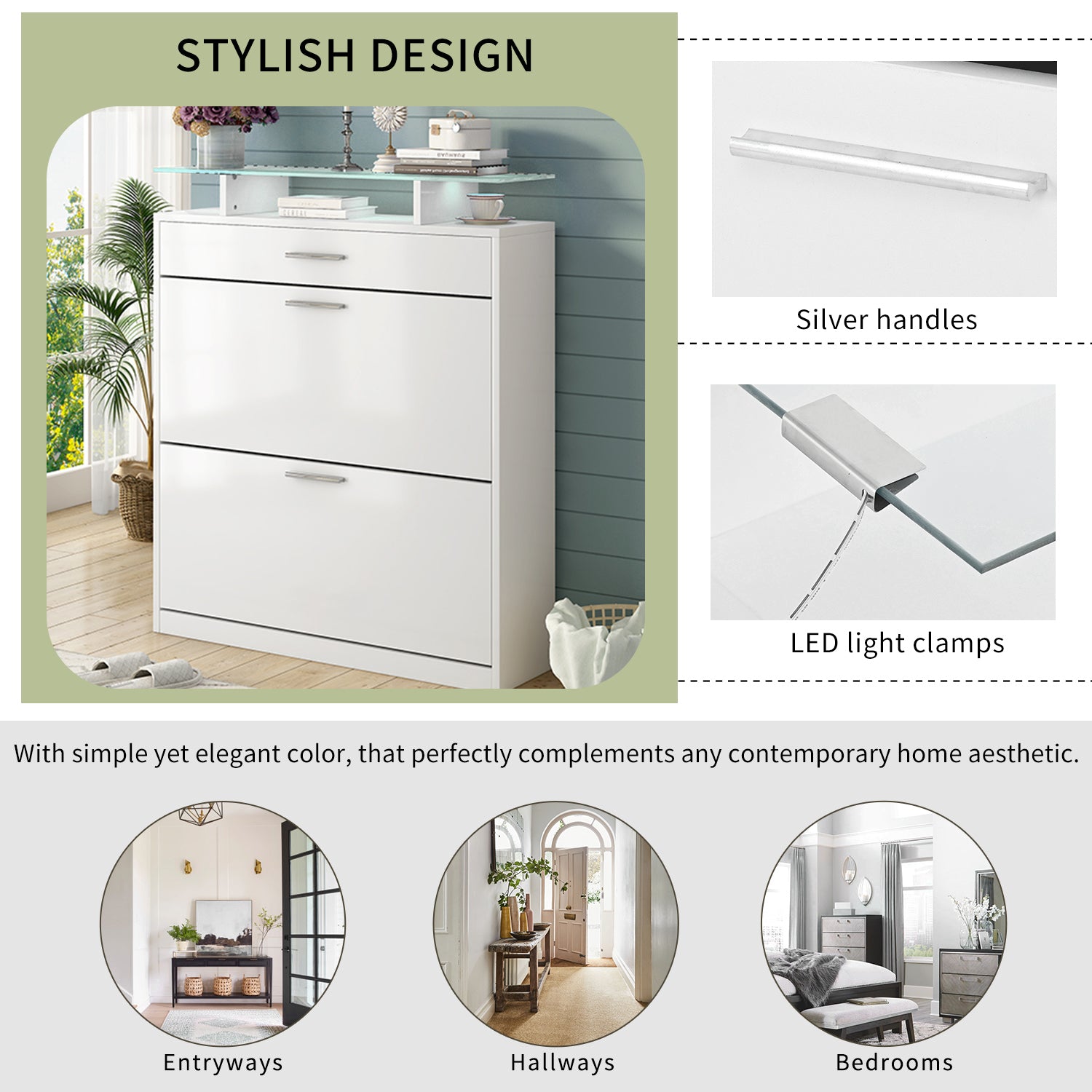 Slim Entryway Organizer With 2 Flip Drawers, Tempered Glass Top Shoe Storage Cabinet With Drawer, Free Standing Shoe Rack With Led Light For Hallway, White Square 3 4 Drawers White Primary Living Space Glass Shelves Modern Particle Board