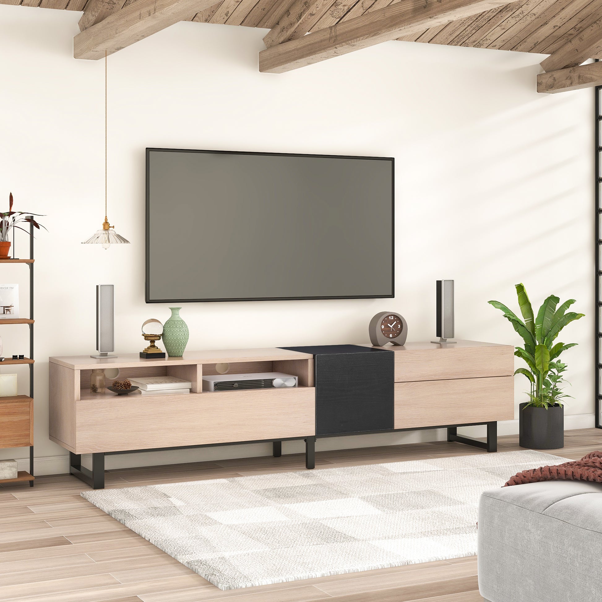 Modern Tv Stand For 80'' Tv With Double Storage Space, Media Console Table, Entertainment Center With Drop Down Door For Living Room, Bedroom, Home Theatre Natural Wood 70 79 Inches Mdf