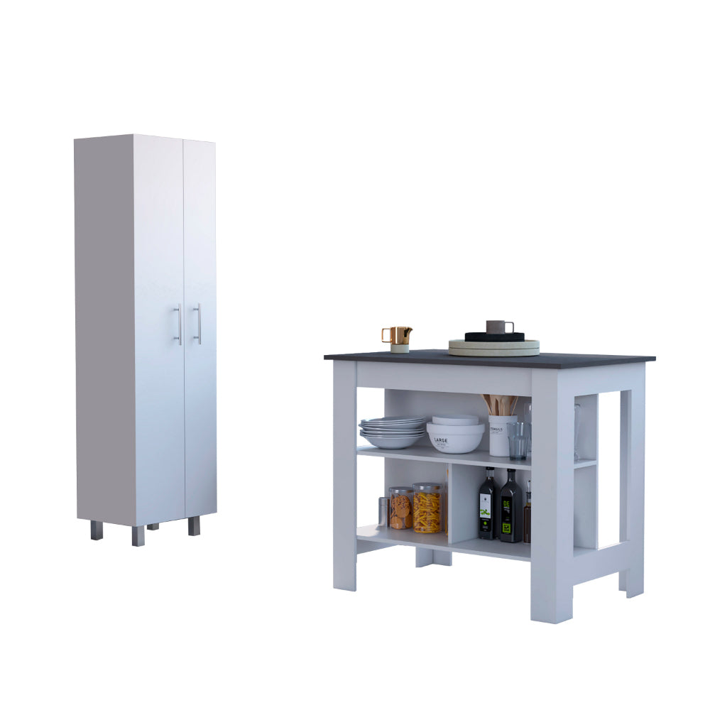 White And Onyx 2 Piece Kitchen Set, Kitchen Island And Pantry Cabinet White Engineered Wood