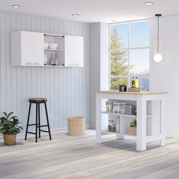 White And Light Oak 2 Piece Kitchen Set, Kitchen Island And Wall Cabinet White Engineered Wood