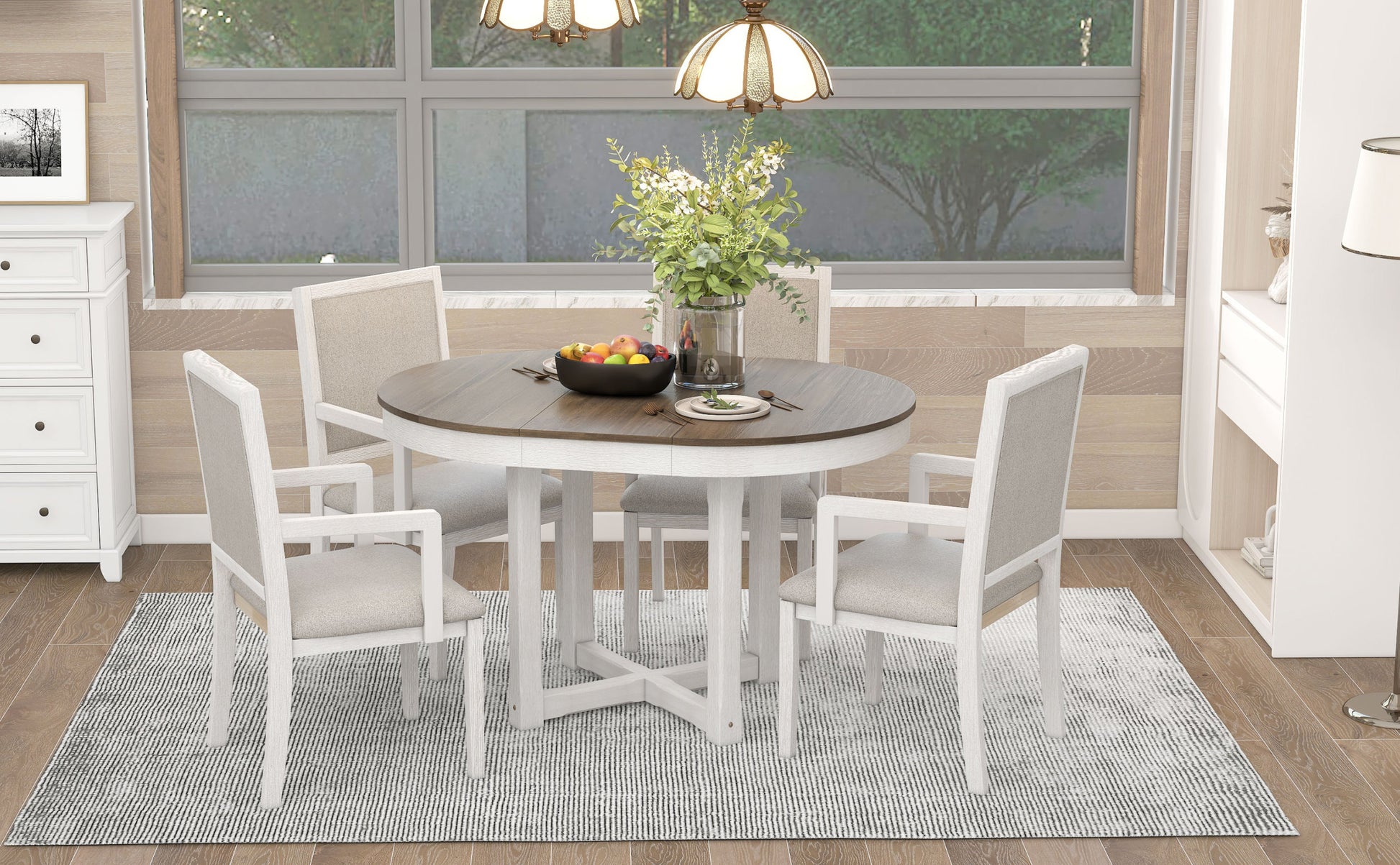 5 Piece Dining Table Set, Two Size Round To Oval Extendable Butterfly Leaf Wood Dining Table And 4 Upholstered Dining Chairs With Armrests Brown White Brown White Solid Wood Mdf