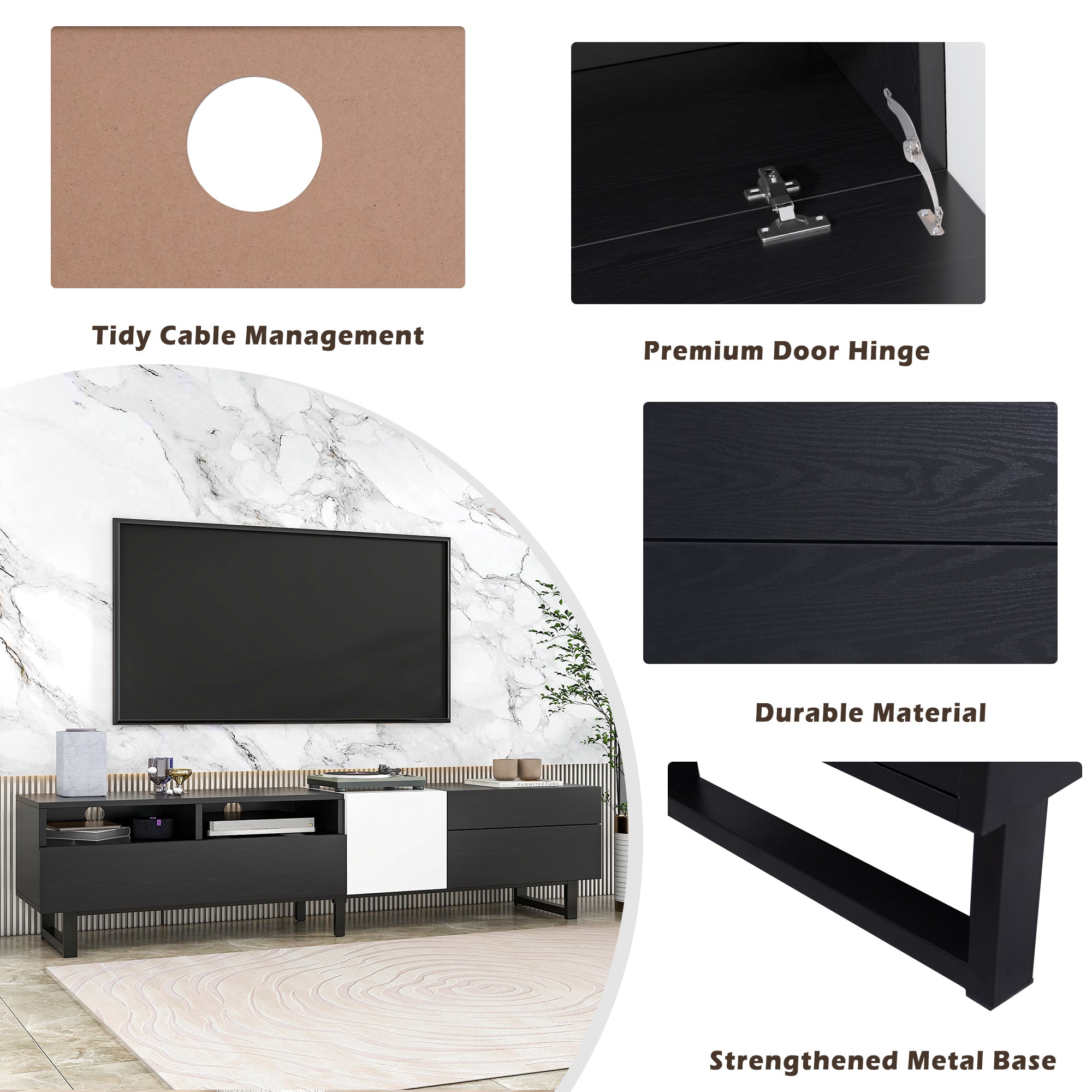 Modern TV Stand for 80'' TV with Double Storage Space black-mdf