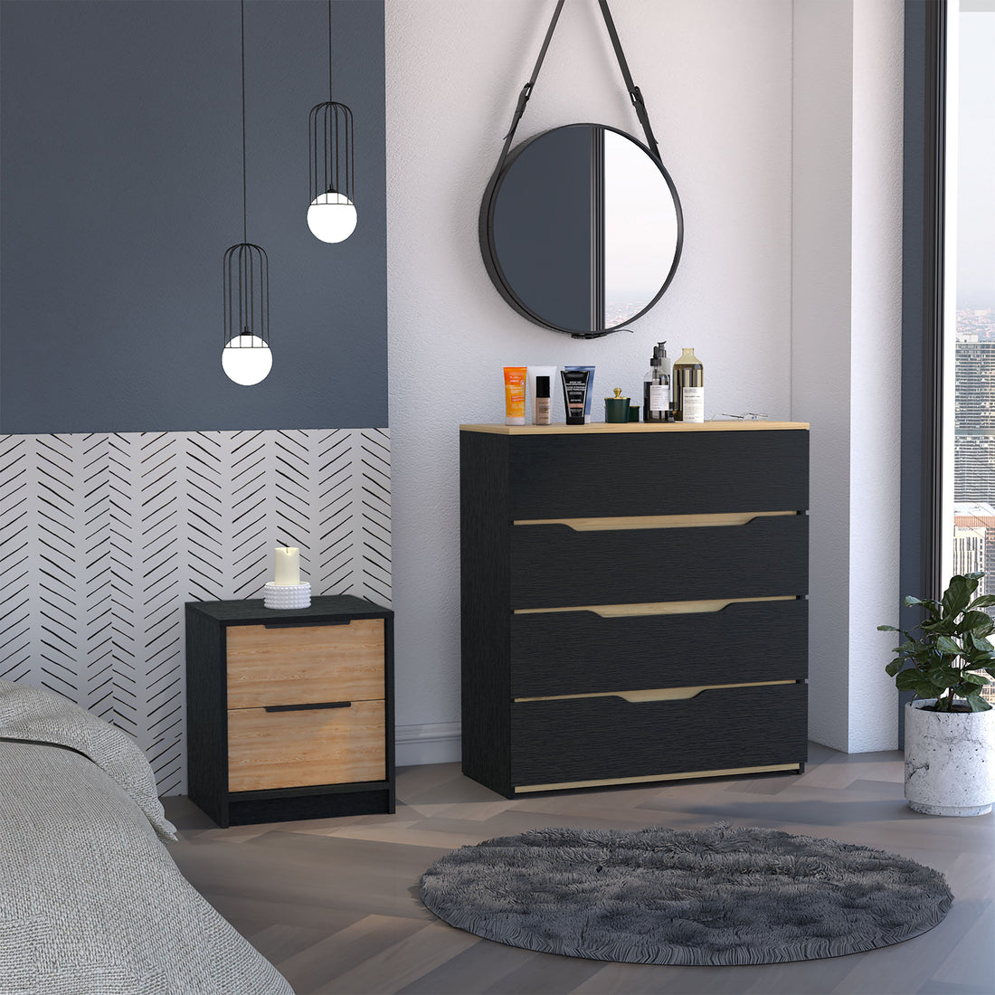 Medella 2 Piece Bedroom Set, Nightstand And Dresser, Black, Pine And Light Oak Black Bedroom Engineered Wood