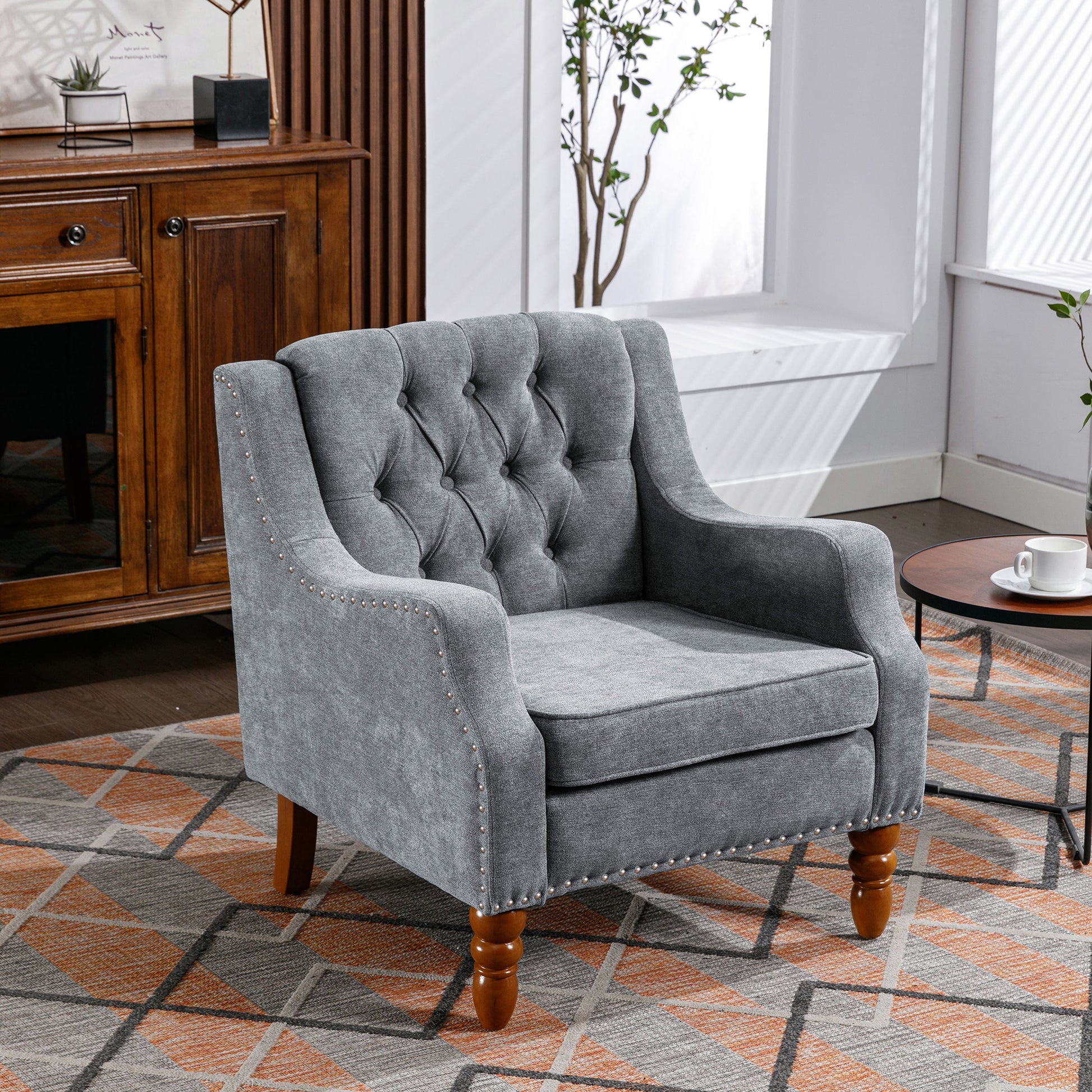 Living Room Vintage Upholstered Armchair Grey Accent Chair, Living