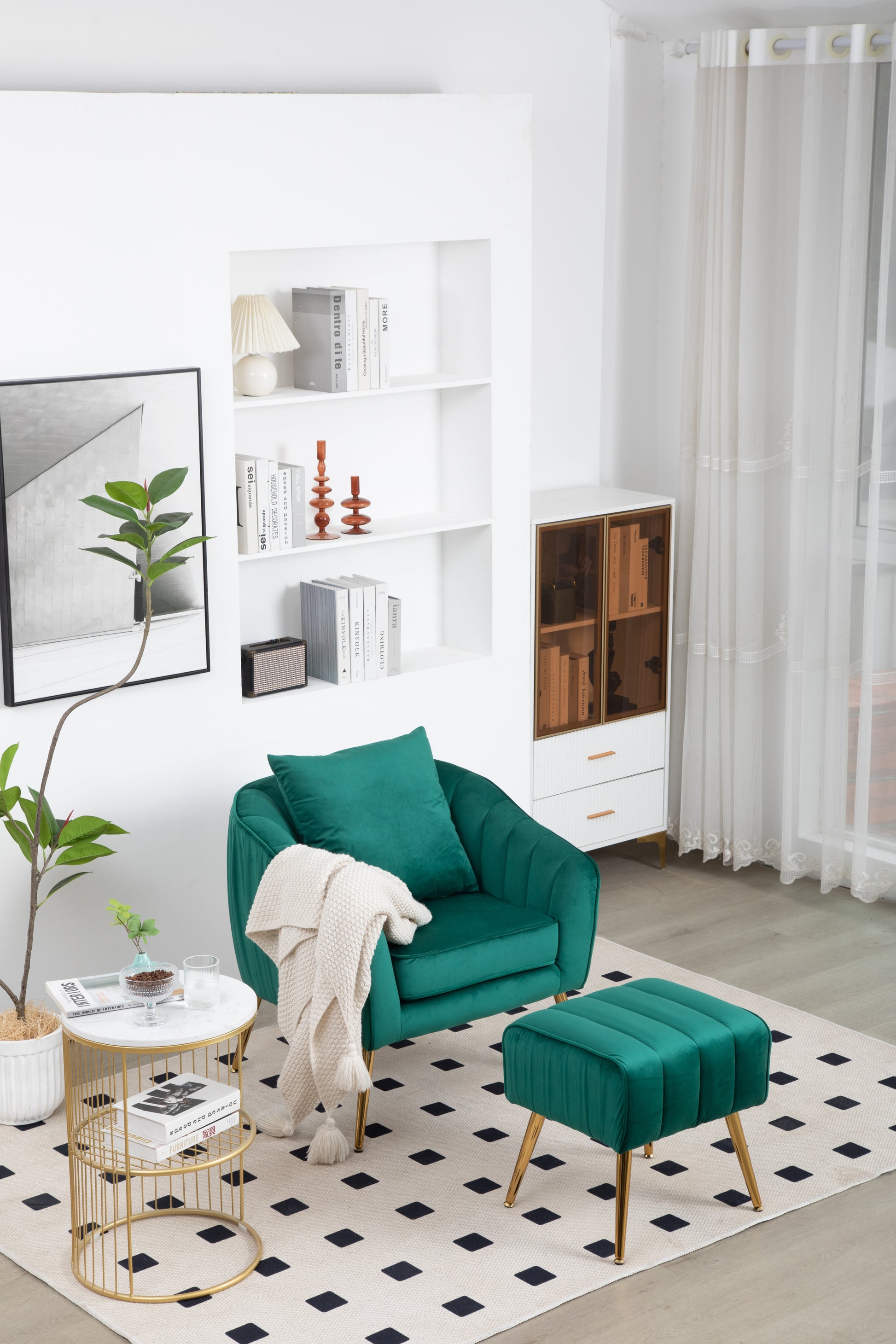 Velvet Accent Chair With Ottoman, Modern Tufted Barrel Chair Ottoman Set For Living Room Bedroom, Golden Finished, Christmas Green Green Foam Velvet