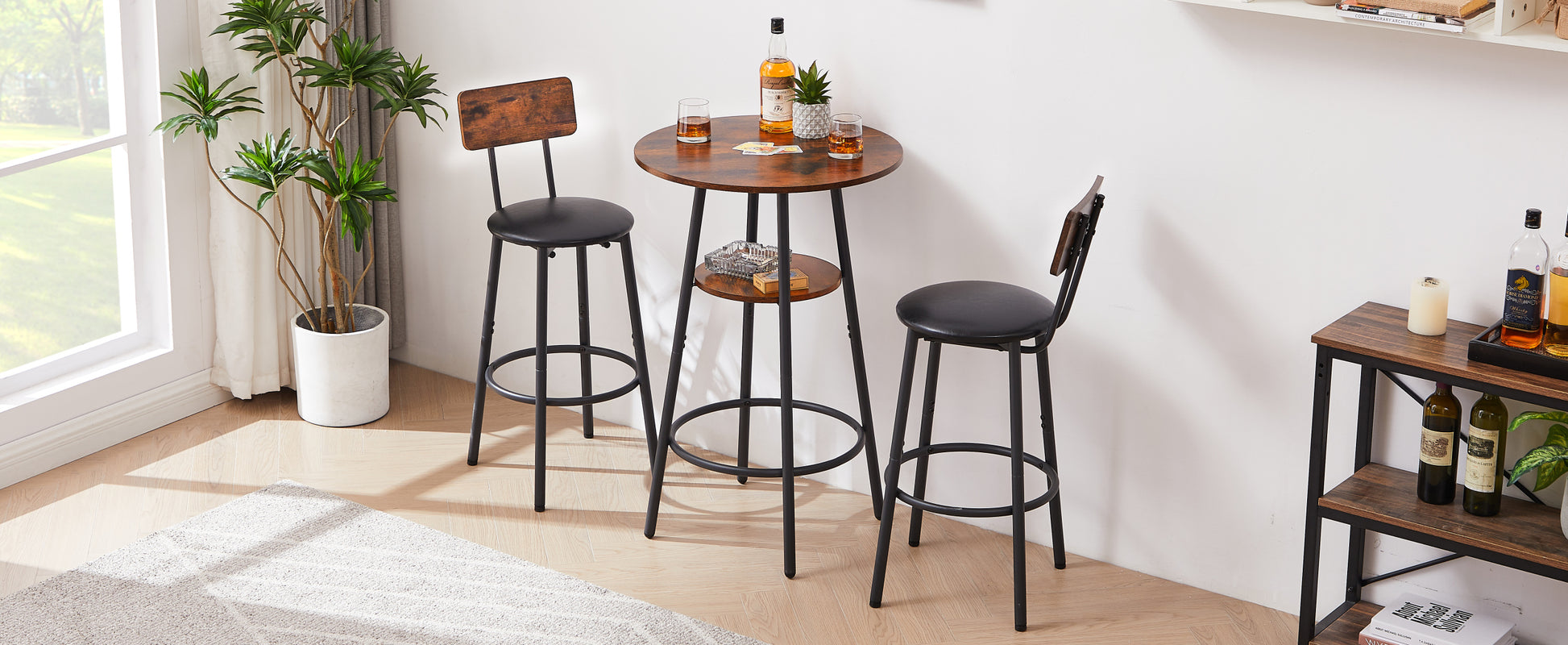 Round Bar Stool Set With Shelf, Upholstered Stool With Backrest, Rustic Brown, 23.62'' W X 23.62'' D X 35.43'' H Rustic Brown Particle Board