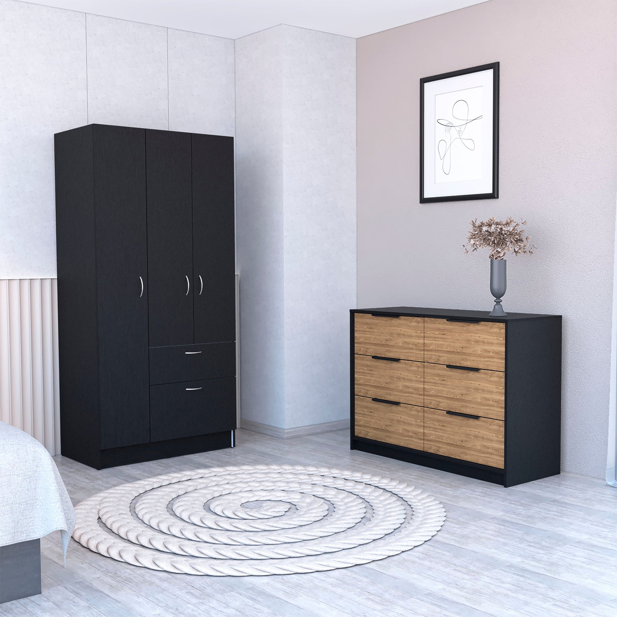 Capwell 2 Piece Bedroom Set, Armoire And Dresser, Black And Pine Black Bedroom Engineered Wood