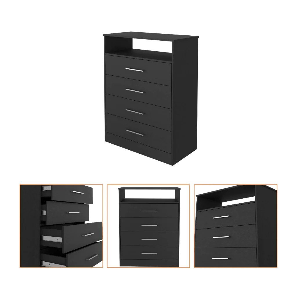 Meridian 2 Piece Bedroom Set, Dresser And Chest, Black And Pine Black Bedroom Engineered Wood