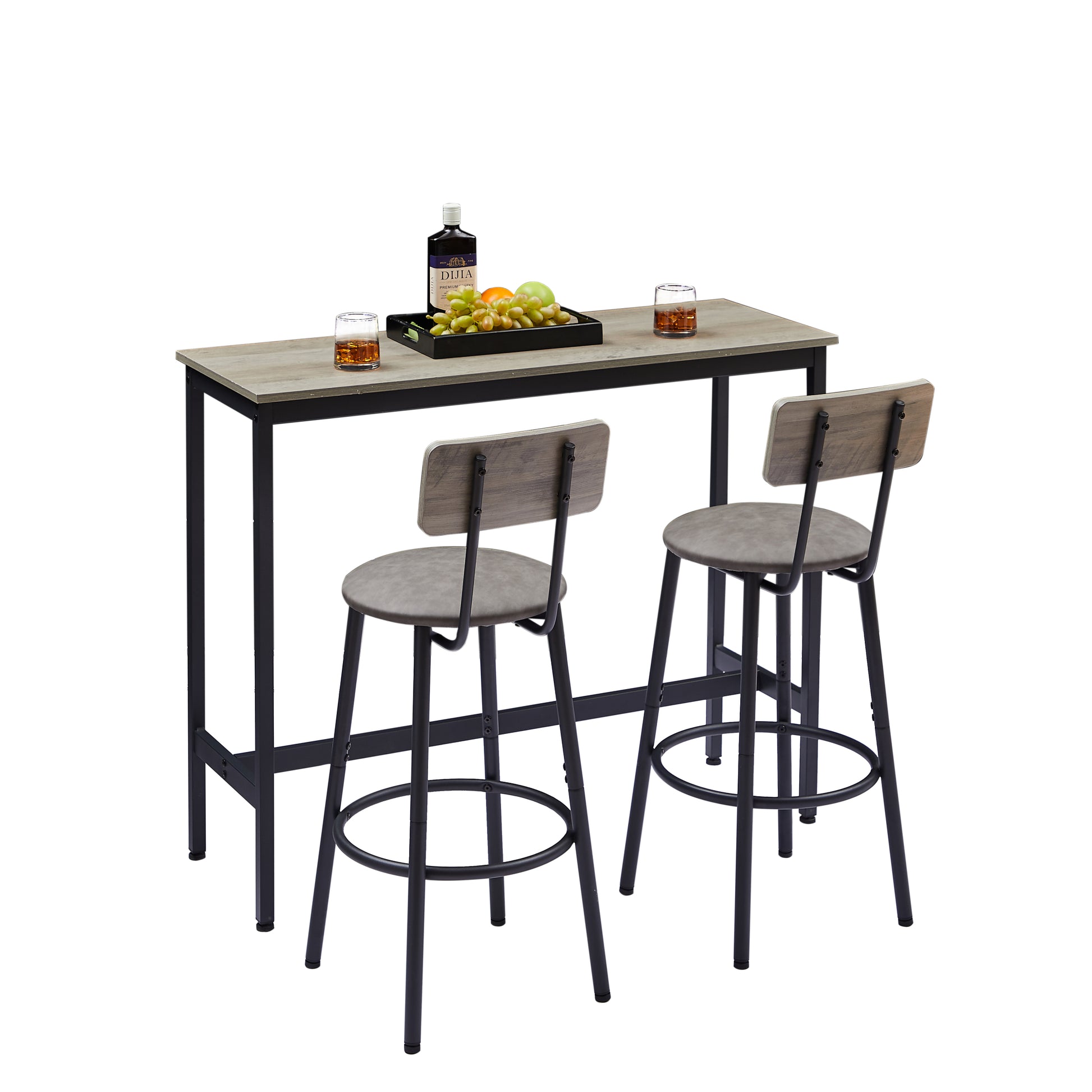 Bar Table Set With 2 Bar Stools Pu Soft Seat With Backrest, Grey, 43.31'' L X 15.75'' W X 35.43'' H. Grey Particle Board