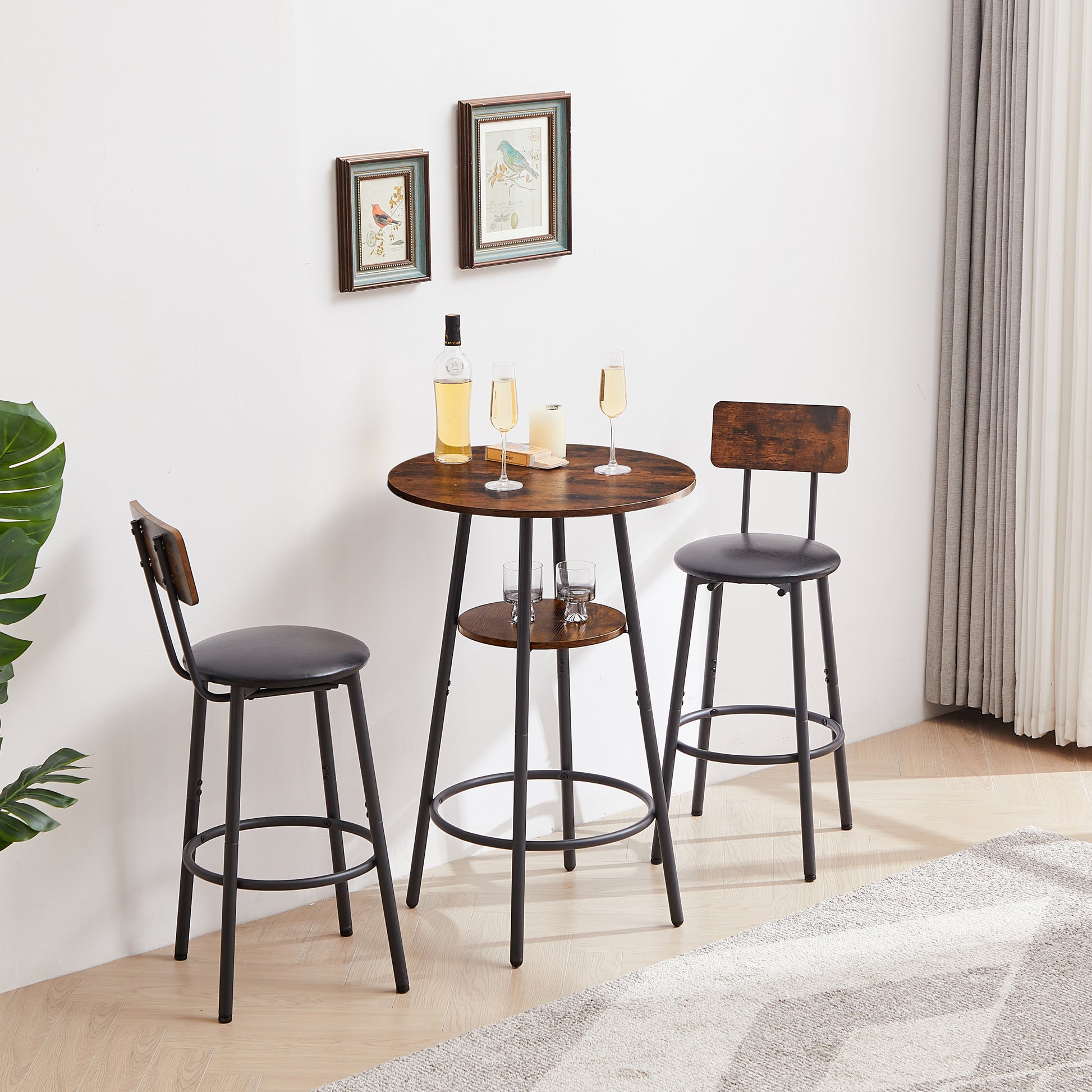 Round Bar Stool Set With Shelf, Upholstered Stool With Backrest, Rustic Brown, 23.62'' W X 23.62'' D X 35.43'' H Rustic Brown Particle Board