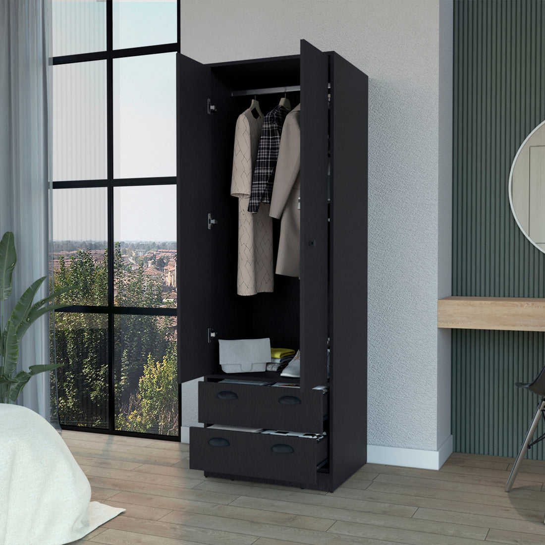 Westminster 2 Door 2 Drawer Armoire With Hanging Rod Black Black Engineered Wood