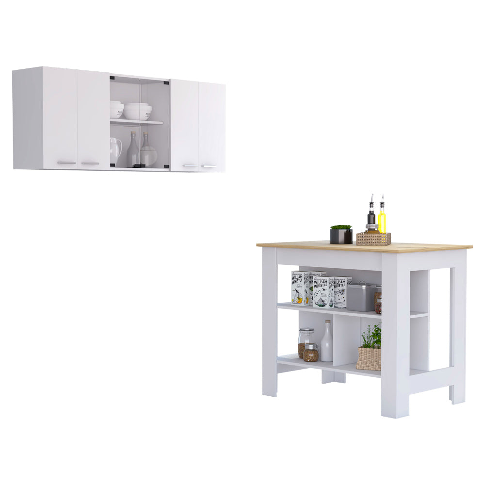 White And Light Oak 2 Piece Kitchen Set, Kitchen Island And Wall Cabinet White Engineered Wood