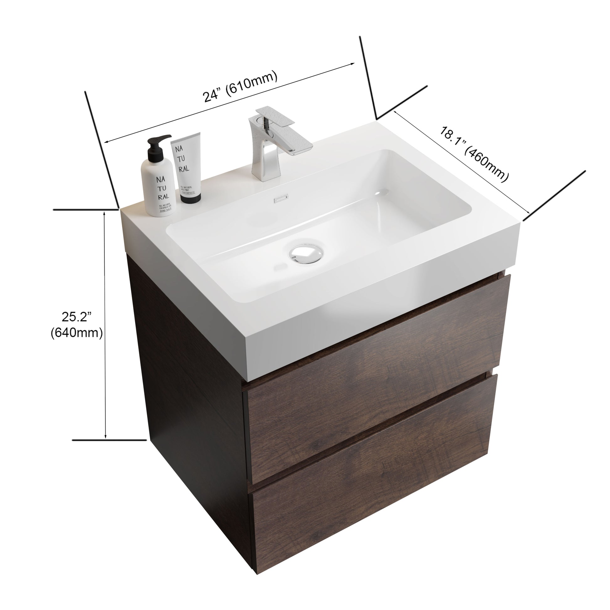 Alice 24" Walnut Bathroom Vanity With Sink, Large Storage Wall Mounted Floating Bathroom Vanity For Modern Bathroom, One Piece White Sink Basin Without Drain And Faucet, Pre Assembled White Walnut Melamine