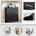 Slim Entryway Organizer With 2 Flip Drawers, Tempered Glass Top Shoe Storage Cabinet With Drawer, Free Standing Shoe Rack With Led Light For Hallway, Black Square 3 4 Drawers Black Primary Living Space Glass Shelves Modern Particle Board