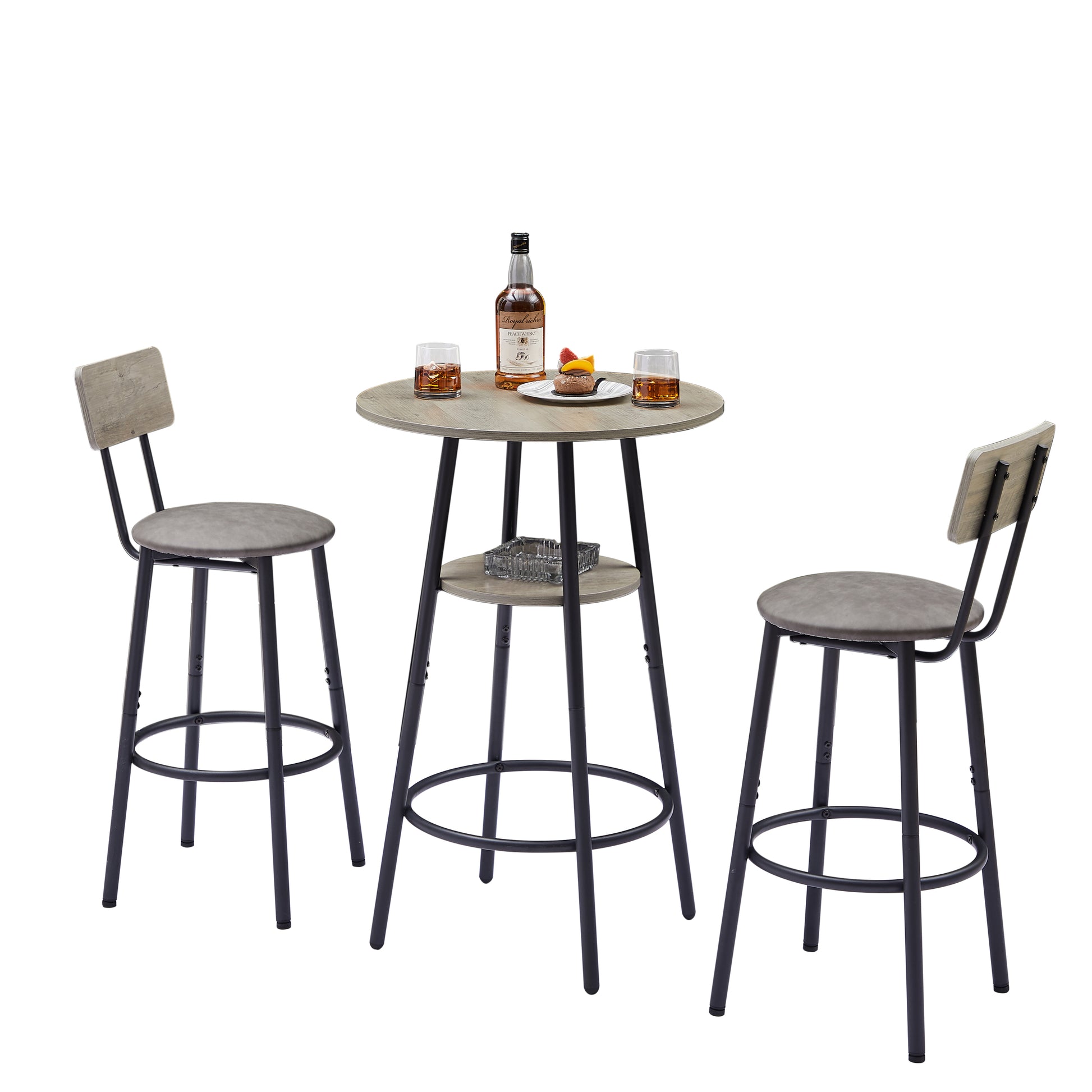 Round Bar Stool Set With Shelf, Upholstered Stool With Backrest Grey, 23.62'' W X 23.62'' D X 35.43'' H. Grey Particle Board