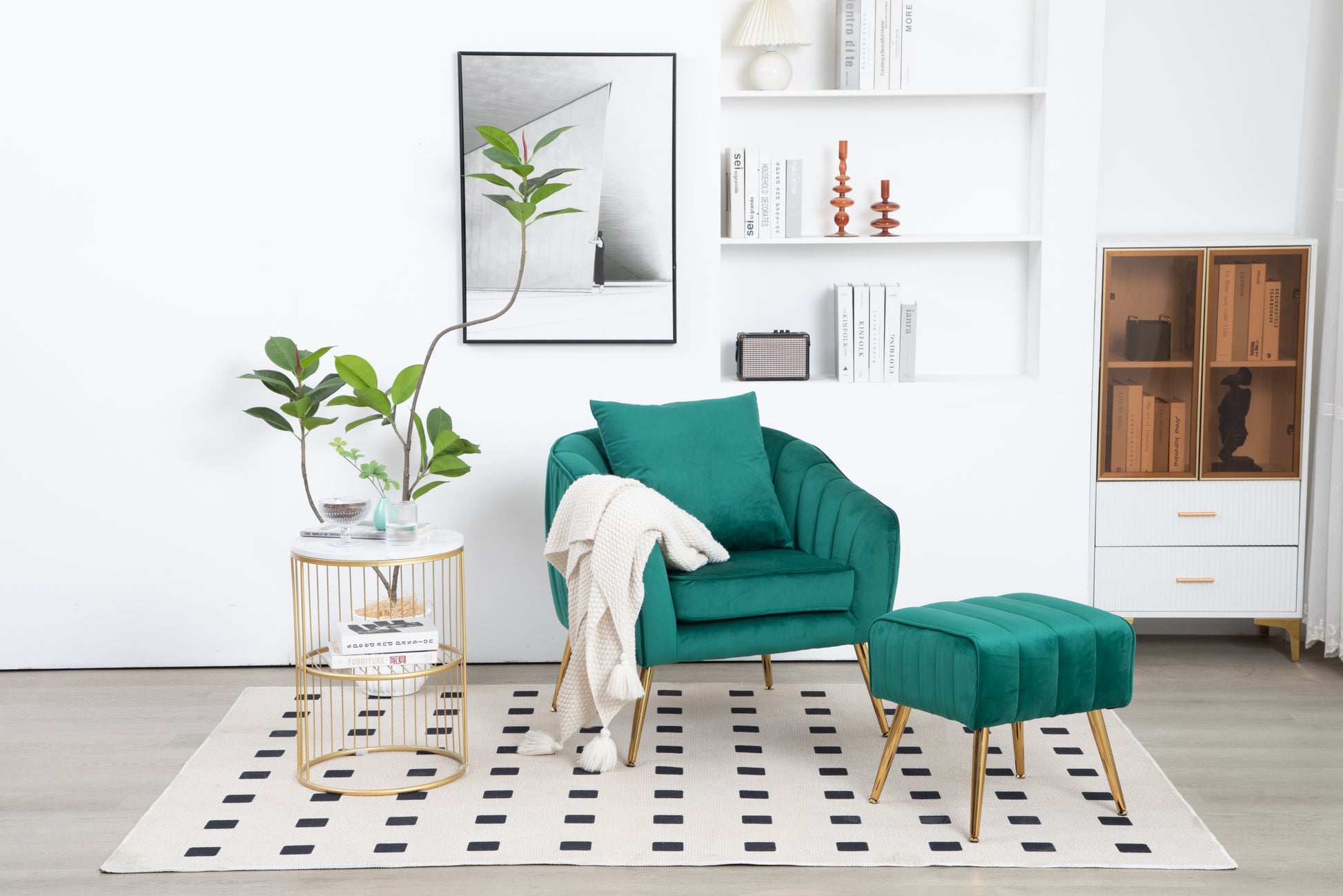 Velvet Accent Chair With Ottoman, Modern Tufted Barrel Chair Ottoman Set For Living Room Bedroom, Golden Finished, Christmas Green Green Foam Velvet