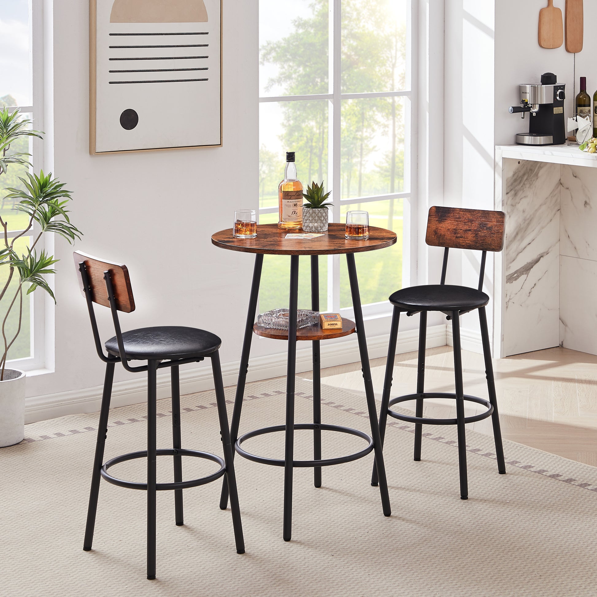 Round Bar Stool Set With Shelf, Upholstered Stool With Backrest, Rustic Brown, 23.62'' W X 23.62'' D X 35.43'' H Rustic Brown Particle Board