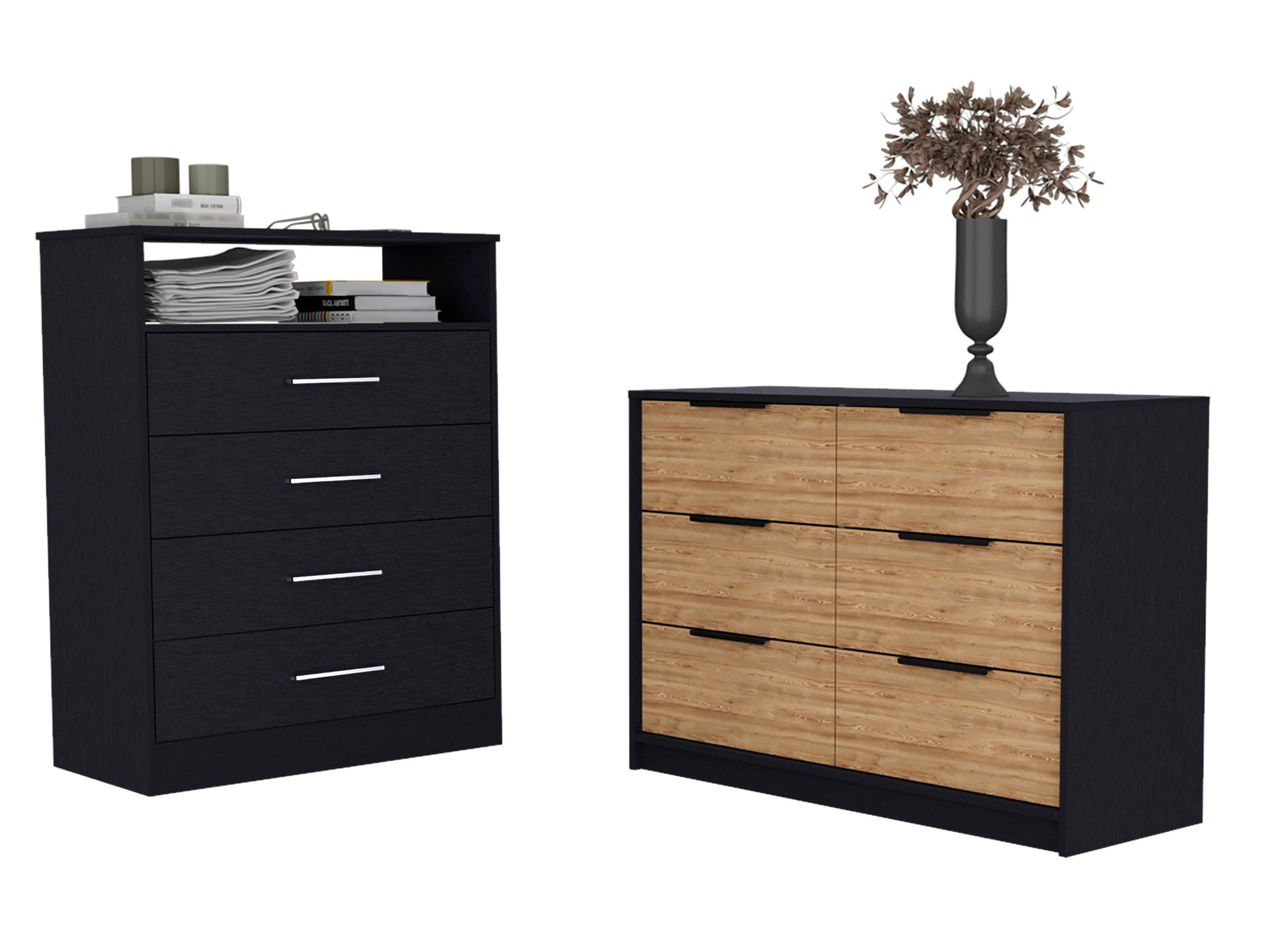 Meridian 2 Piece Bedroom Set, Dresser And Chest, Black And Pine Black Bedroom Engineered Wood