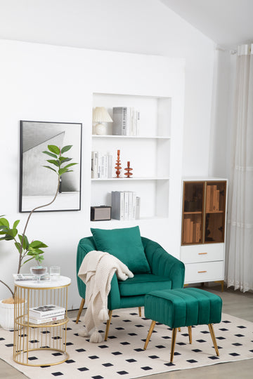 Velvet Accent Chair With Ottoman, Modern Tufted Barrel Chair Ottoman Set For Living Room Bedroom, Golden Finished, Christmas Green Green Foam Velvet