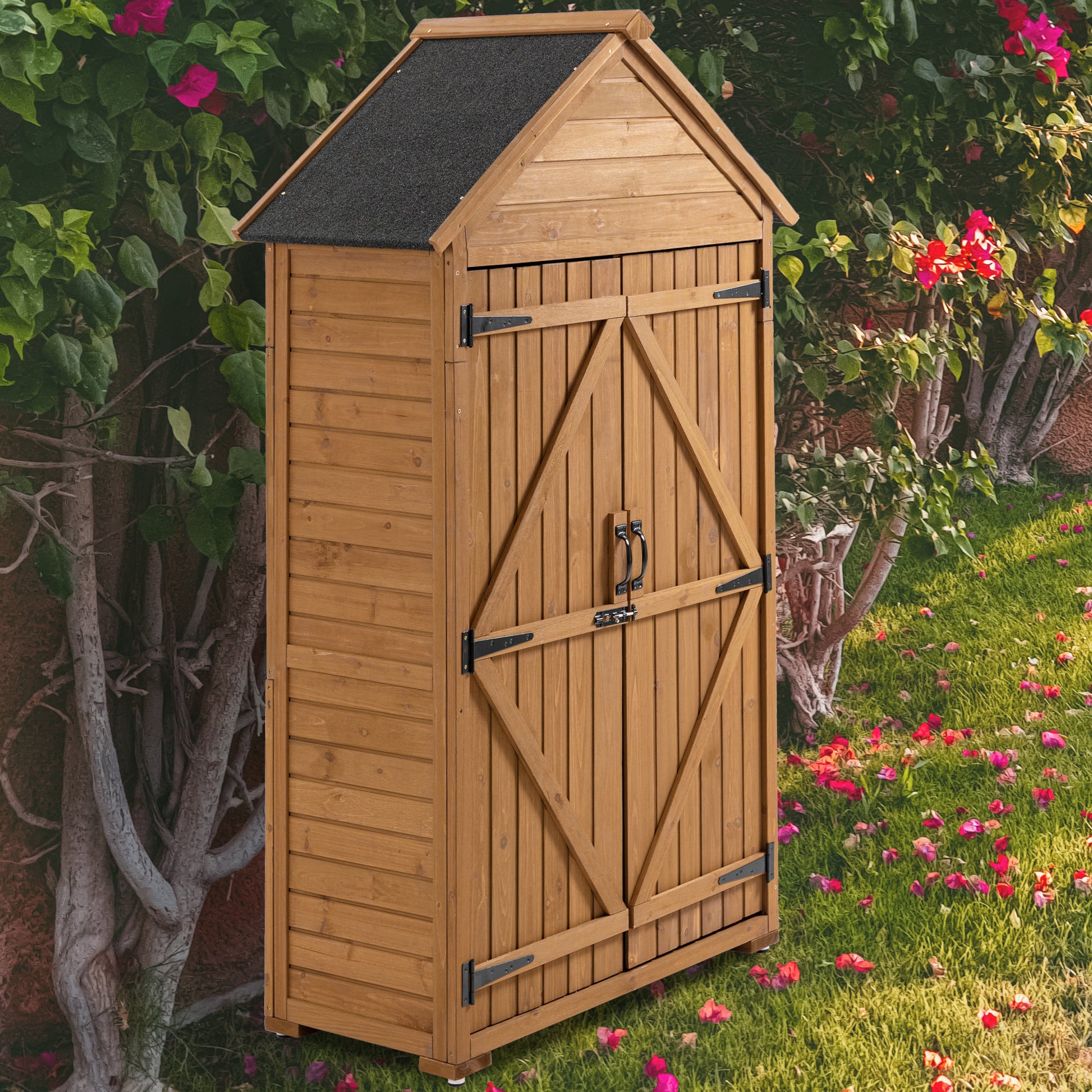 Outdoor Storage Cabinet, Garden Wood Tool Shed, Outside Wooden Shed Closet With Shelves And Latch For Yard 39.56"X 22.04"X 68.89" Yellow Brown Wood Stainless Steel