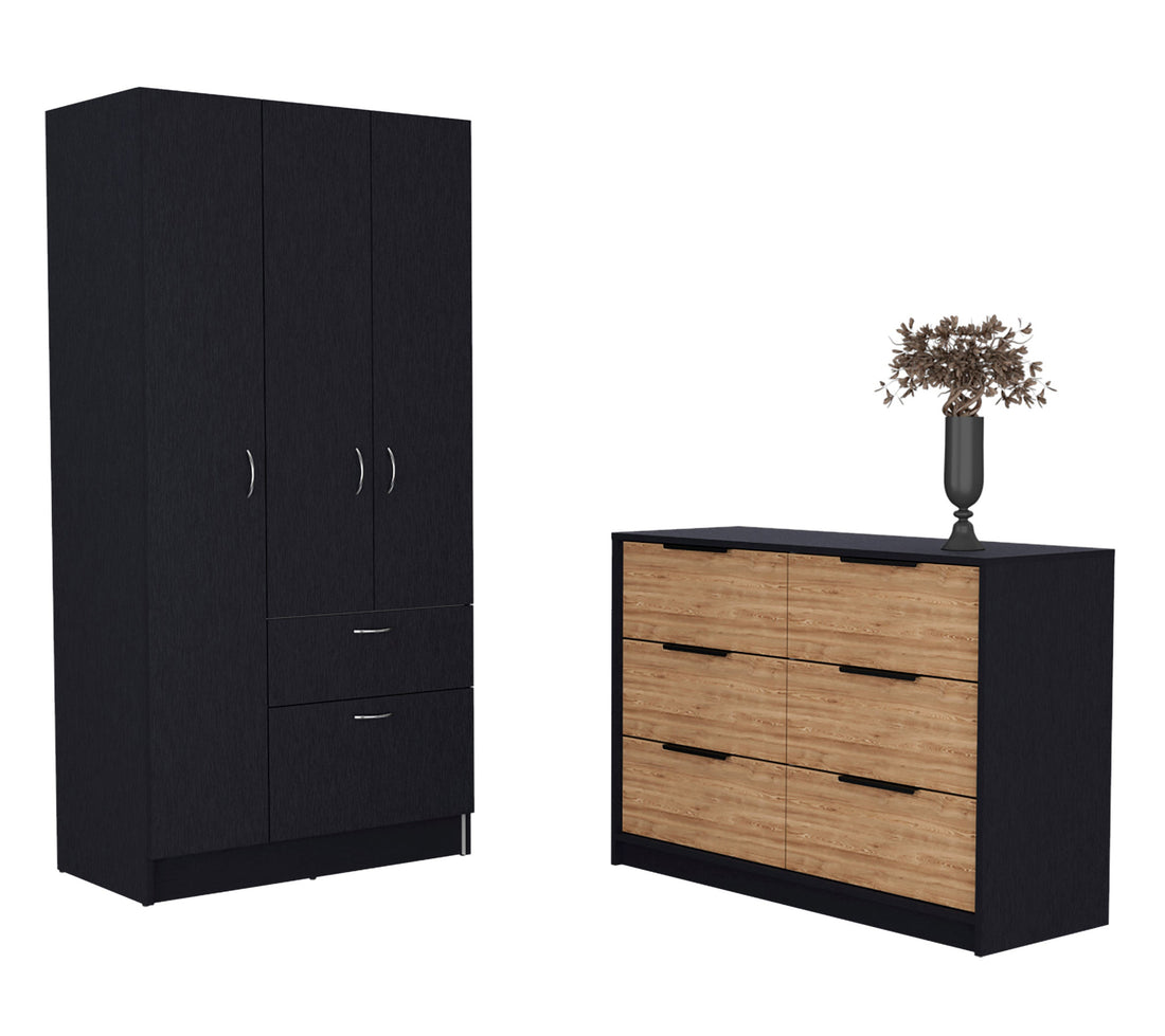 Capwell 2 Piece Bedroom Set, Armoire And Dresser, Black And Pine Black Bedroom Engineered Wood