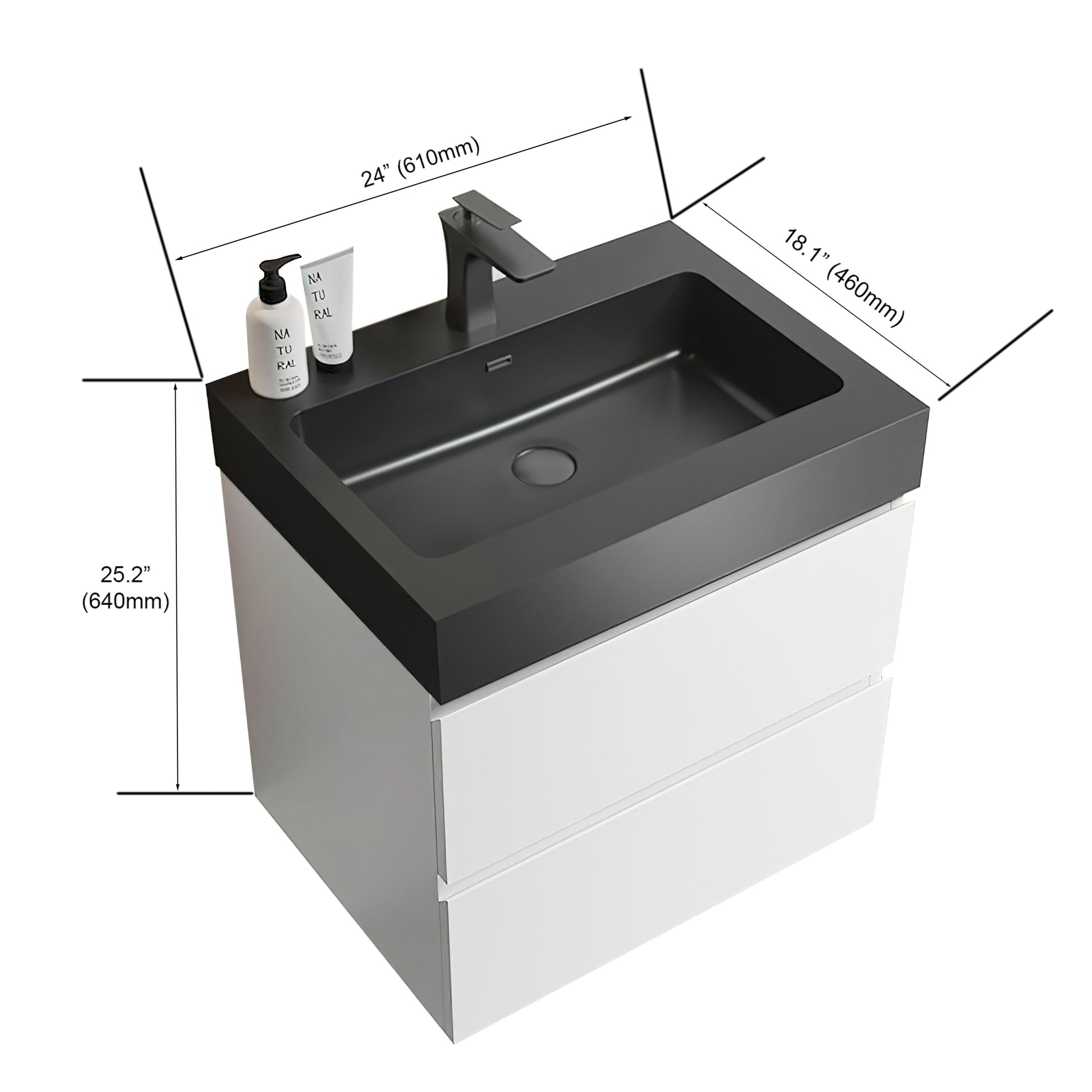 Alice 24" White Bathroom Vanity With Sink, Large Storage Wall Mounted Floating Bathroom Vanity For Modern Bathroom, One Piece Black Sink Basin Without Drain And Faucet, Pre Assembled White Black Melamine