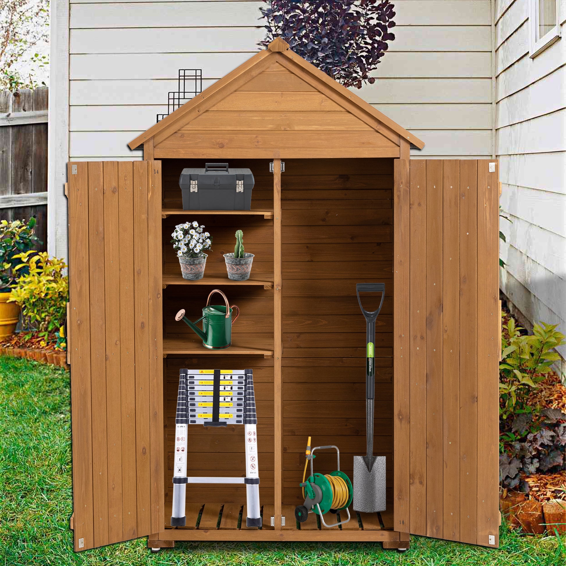 Outdoor Storage Cabinet, Garden Wood Tool Shed, Outside Wooden Shed Closet With Shelves And Latch For Yard 39.56"X 22.04"X 68.89" Yellow Brown Wood Stainless Steel