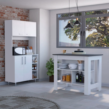 White And Onyx 2 Piece Kitchen Set, Kitchen Island And Pantry Cabinet White Engineered Wood