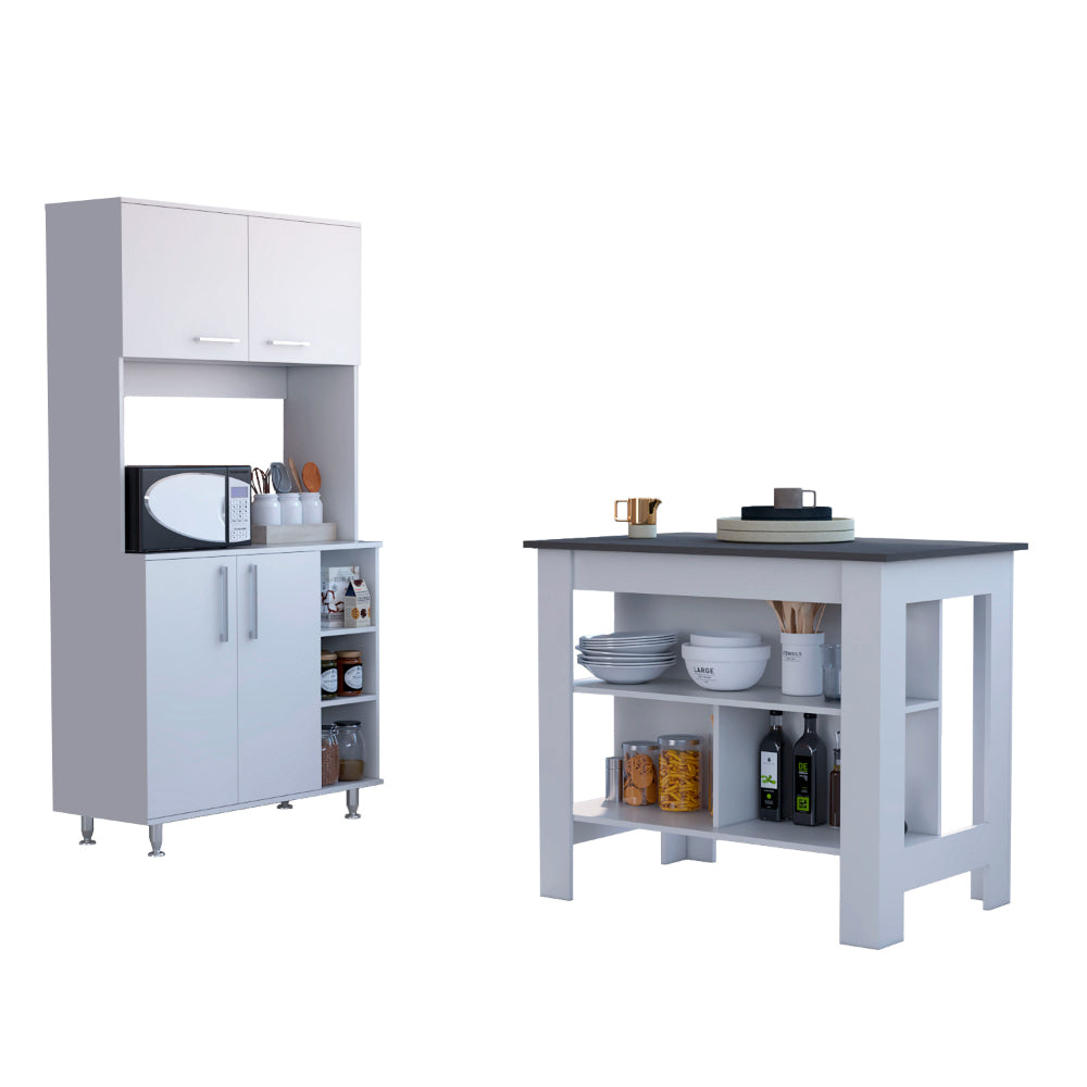 White And Onyx 2 Piece Kitchen Set, Kitchen Island And Pantry Cabinet White Engineered Wood