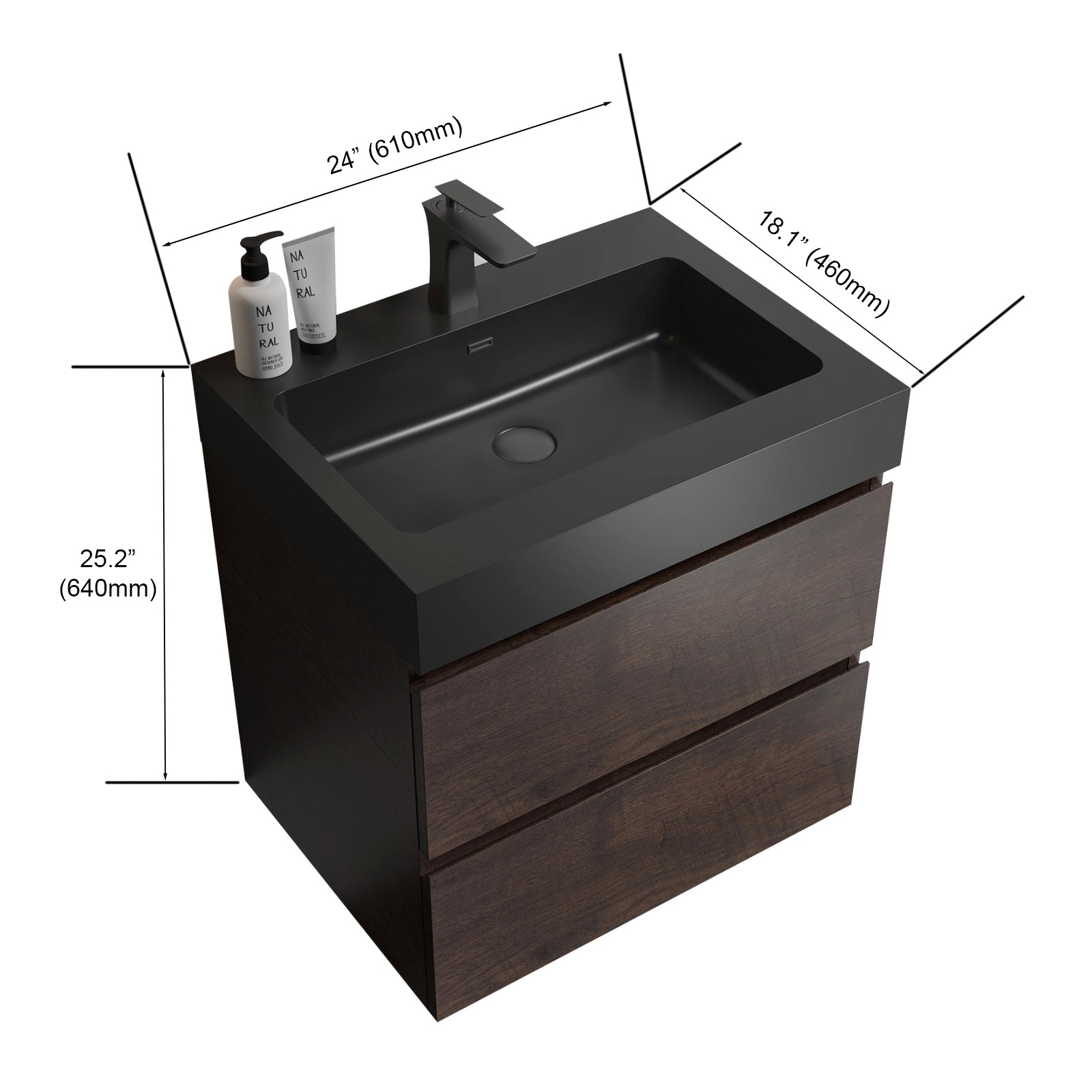 Alice 24" Walnut Bathroom Vanity With Sink, Large Storage Wall Mounted Floating Bathroom Vanity For Modern Bathroom, One Piece Black Sink Basin Without Drain And Faucet, Pre Assembled Walnut Black Melamine