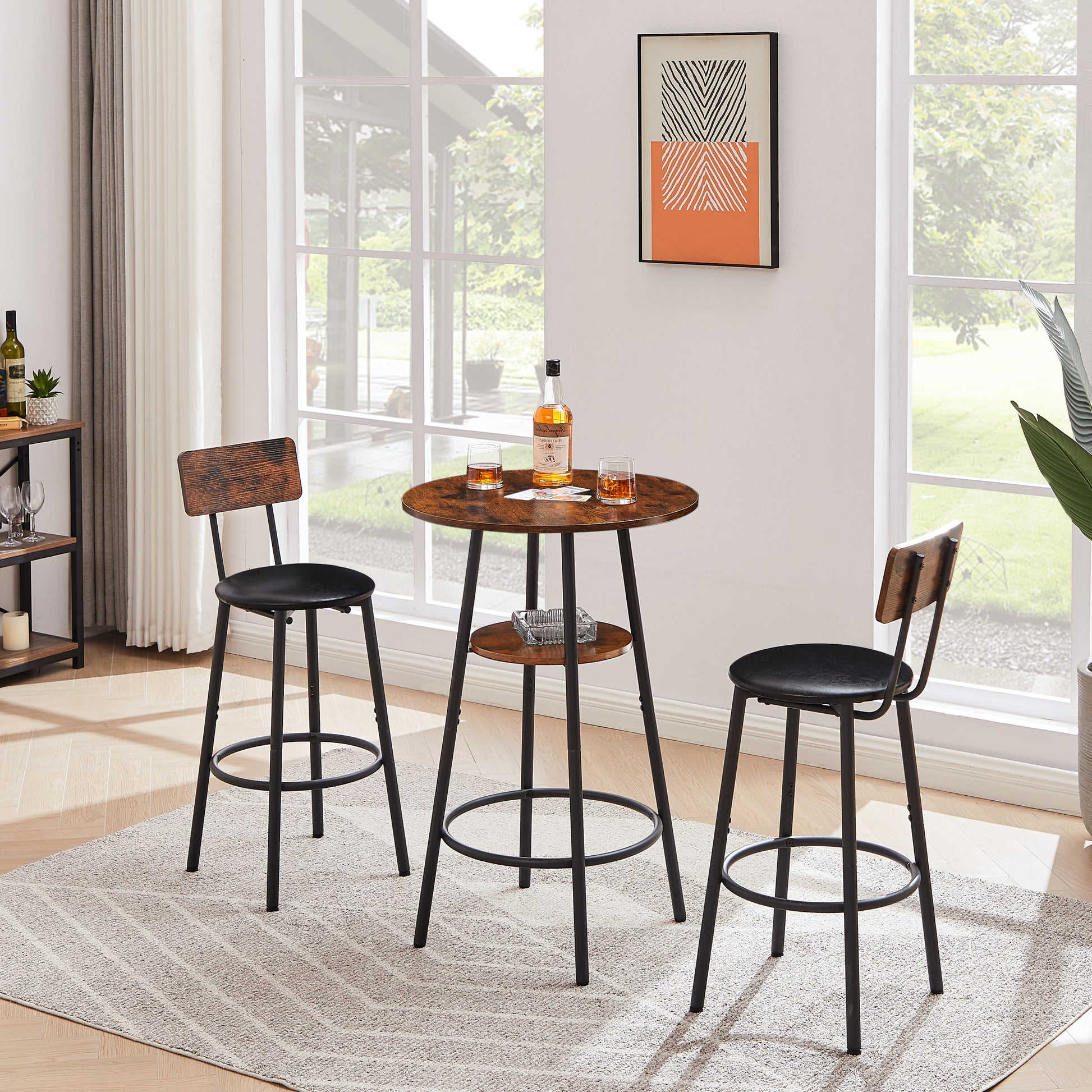 Round Bar Stool Set With Shelf, Upholstered Stool With Backrest, Rustic Brown, 23.62'' W X 23.62'' D X 35.43'' H Rustic Brown Particle Board