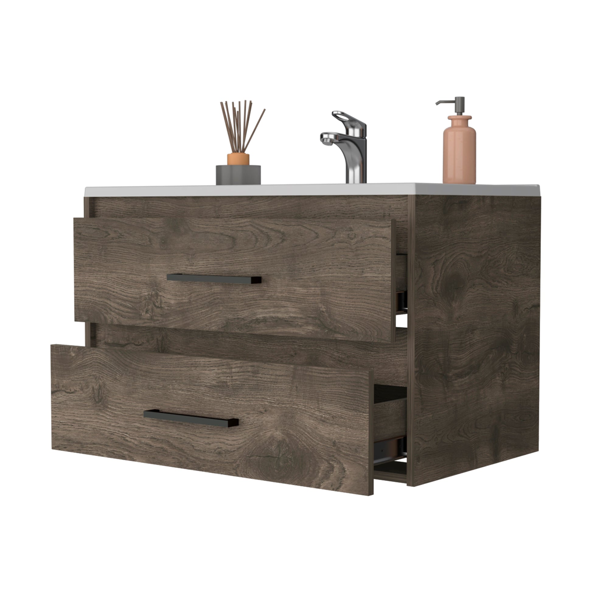 Lafayette 2 Drawer Wall Mounted Bathroom Vanity In Dark Brown And White Brown Engineered Wood