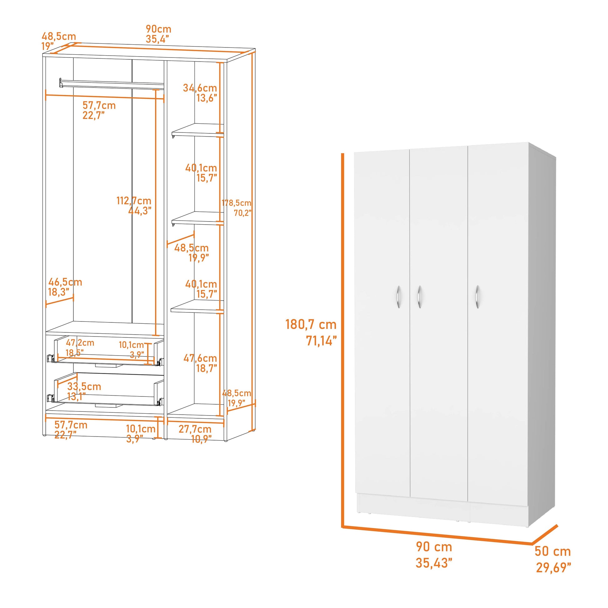 Augusta 3 Door Wardrobe With Hanging Rod White White Engineered Wood