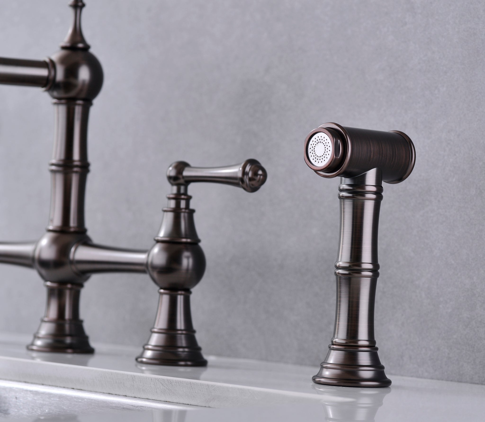 8 inch Centerset Bridge Kitchen Faucet with Brass Side bronze-brass
