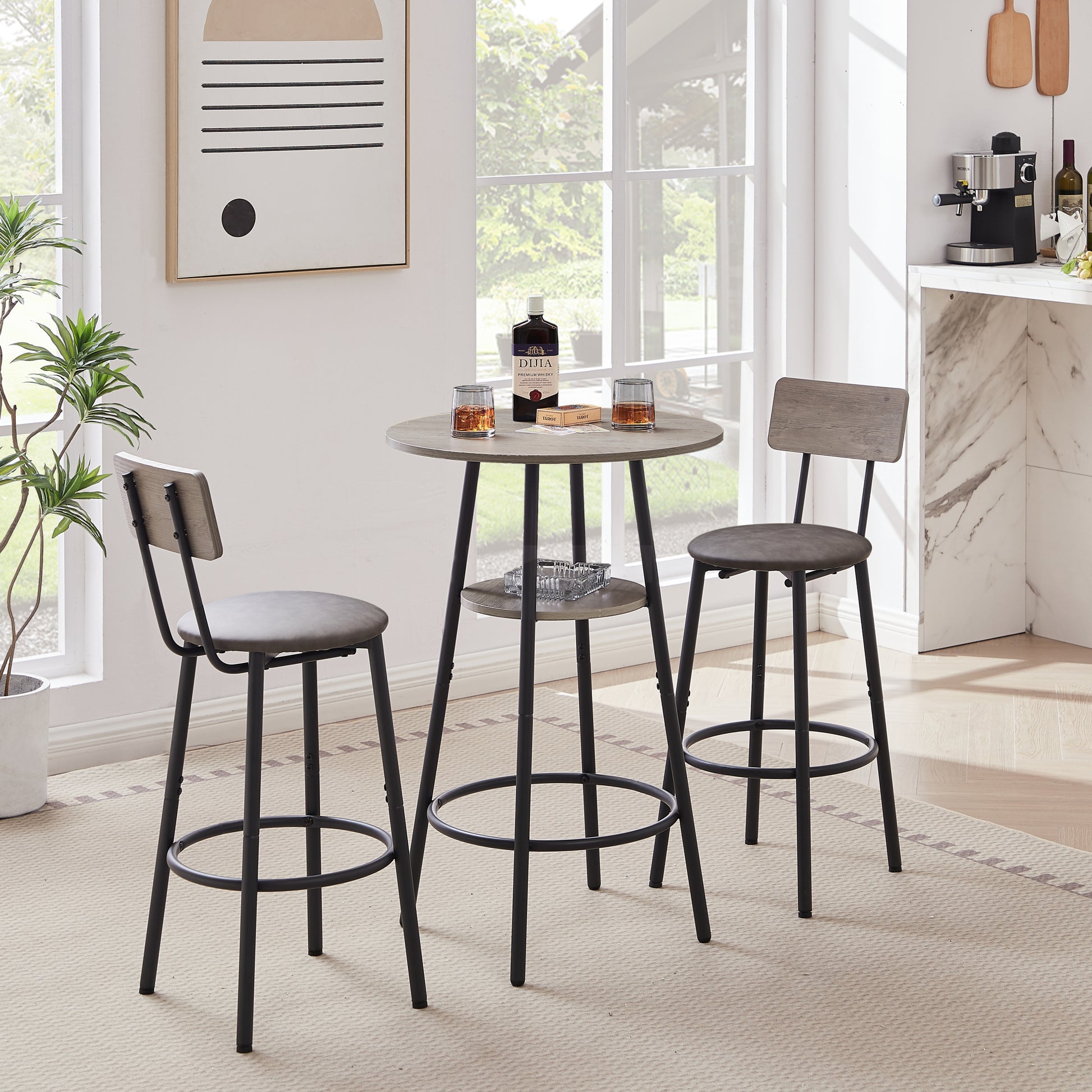 Round Bar Stool Set With Shelf, Upholstered Stool With Backrest Grey, 23.62'' W X 23.62'' D X 35.43'' H. Grey Particle Board