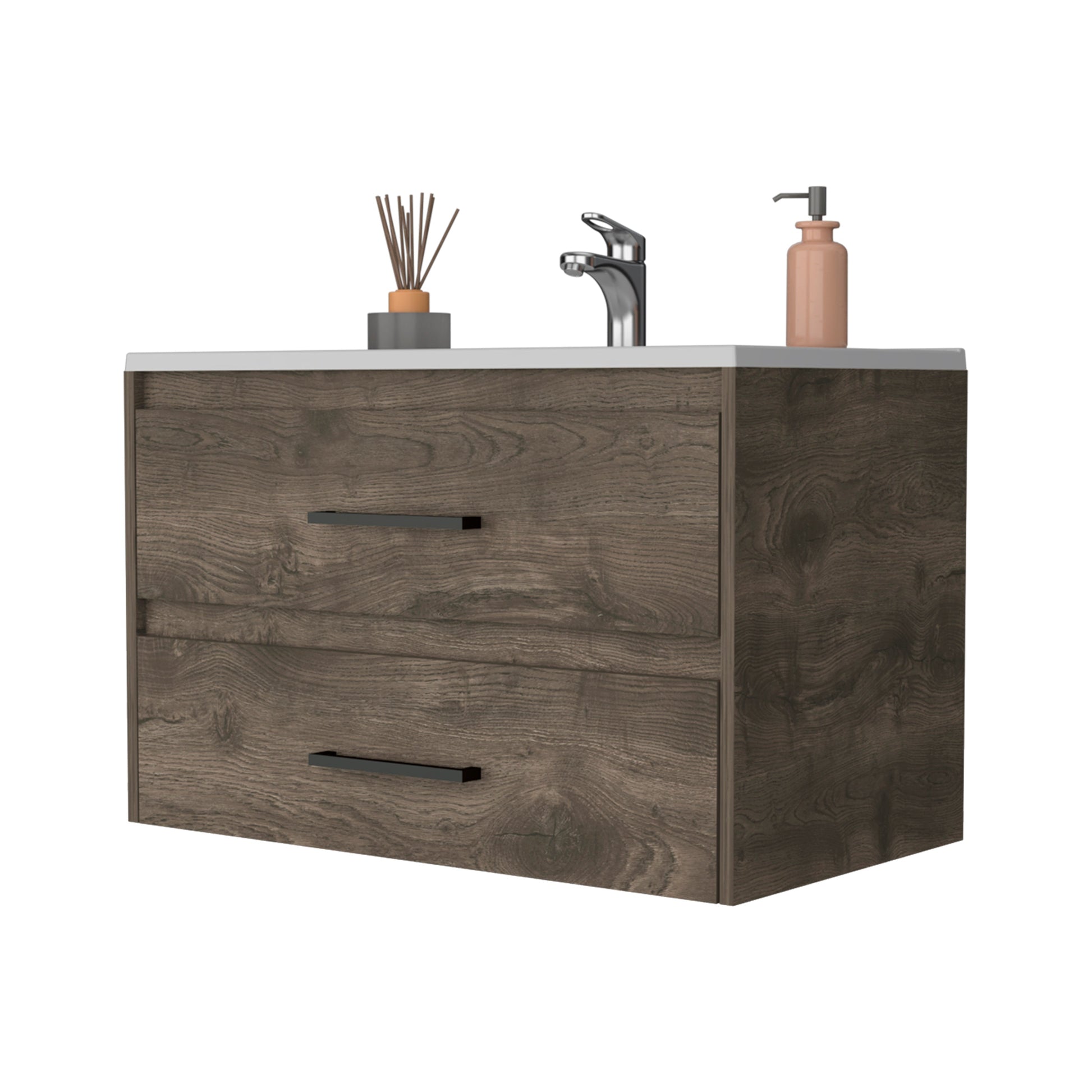 Lafayette 2 Drawer Wall Mounted Bathroom Vanity In Dark Brown And White Brown Engineered Wood