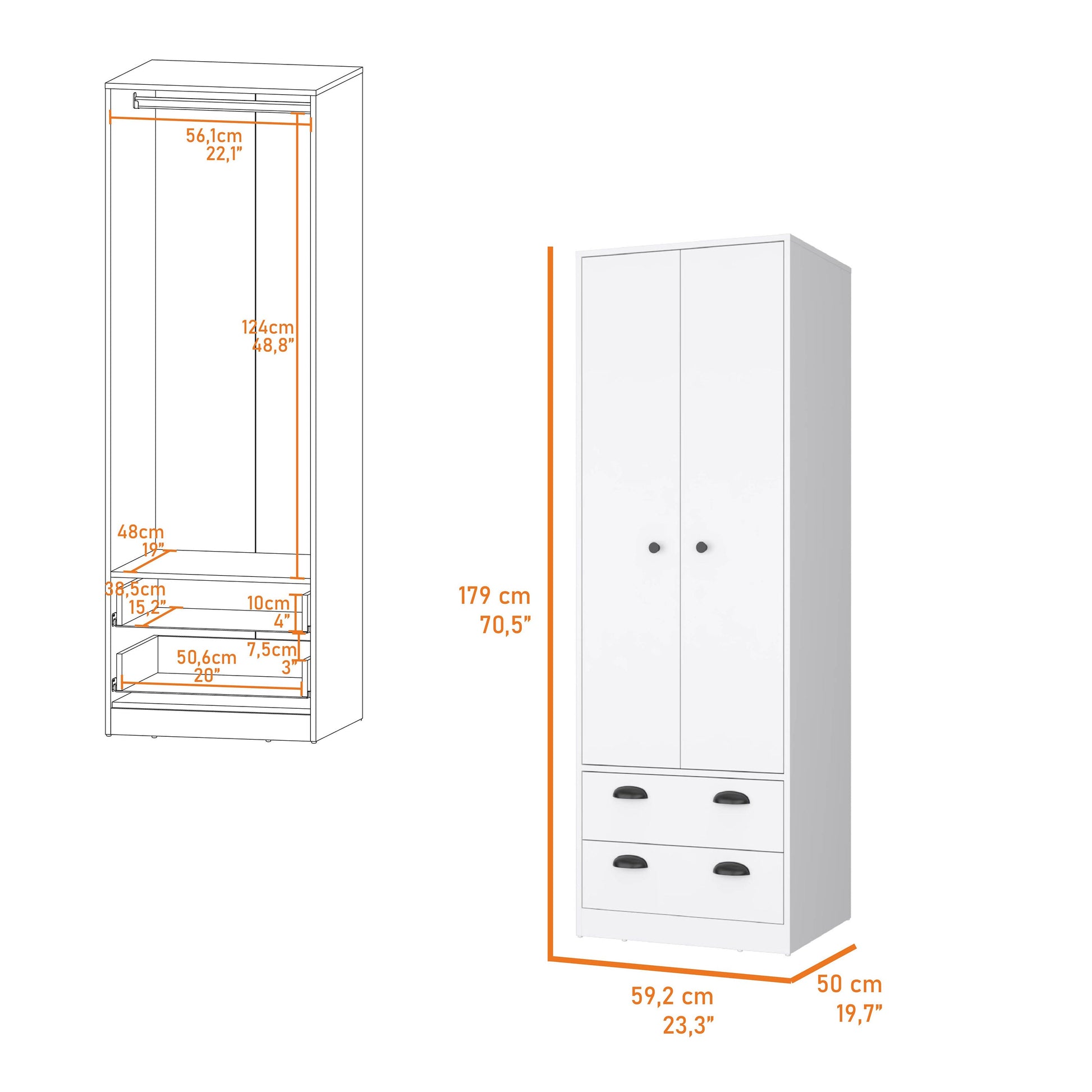 Westminster 2 Door 2 Drawer Armoire With Hanging Rod White White White Bedroom Engineered Wood