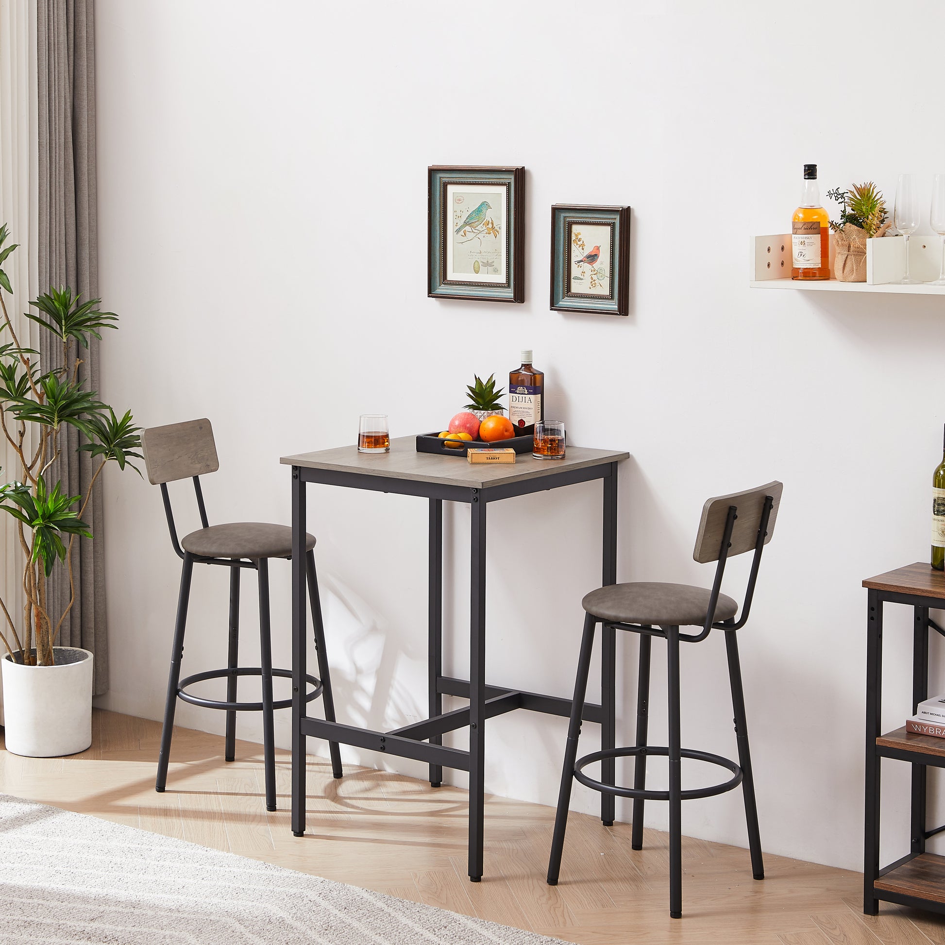 Bar Table Set With 2 Bar Stools Pu Soft Seat With Backrest, Grey, 23.62'' W X 23.62'' D X 35.43'' H Grey Particle Board