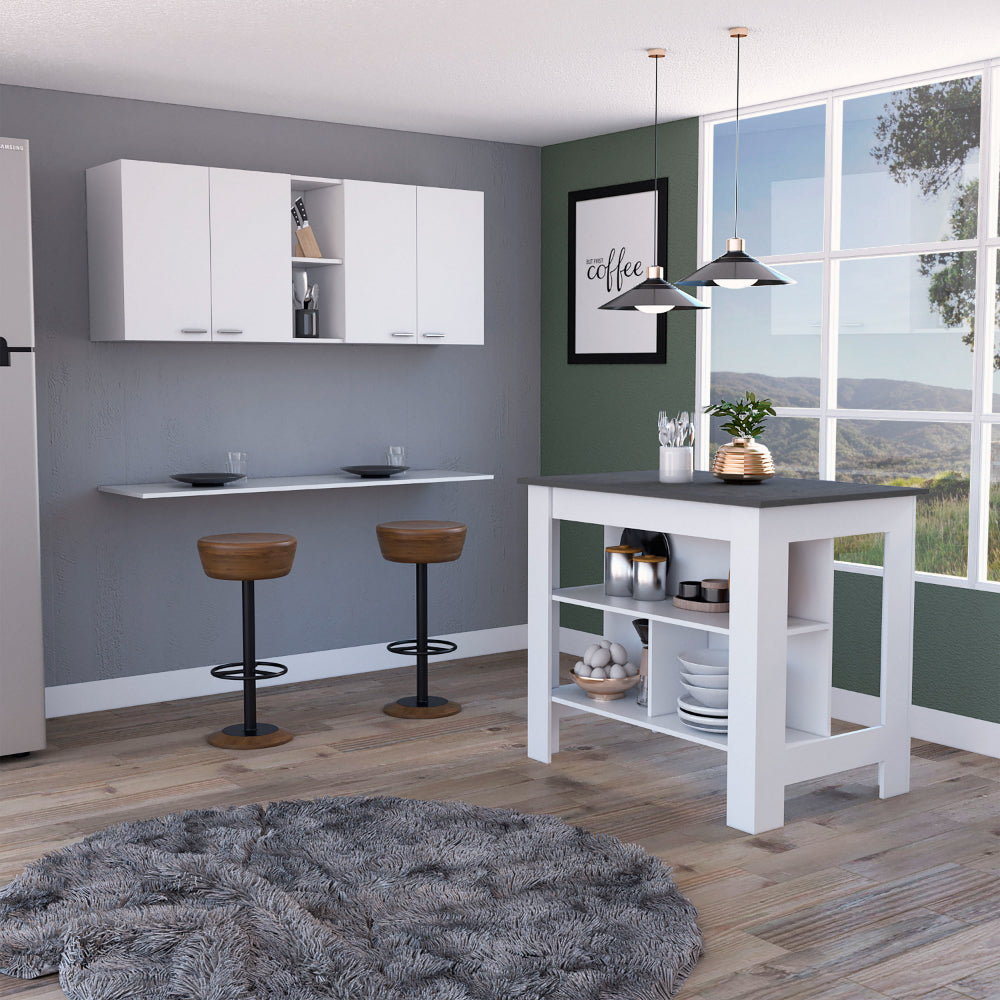 White And Onyx 2 Piece Kitchen Set, Wall Cabinet And Kitchen Island White Engineered Wood