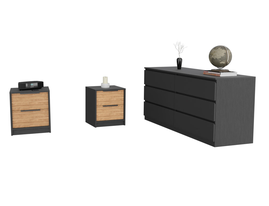 Rock Creek 3 Piece Bedroom Set, Two Nightstands And Dresser, Black Wengue And Pine Black Bedroom Engineered Wood