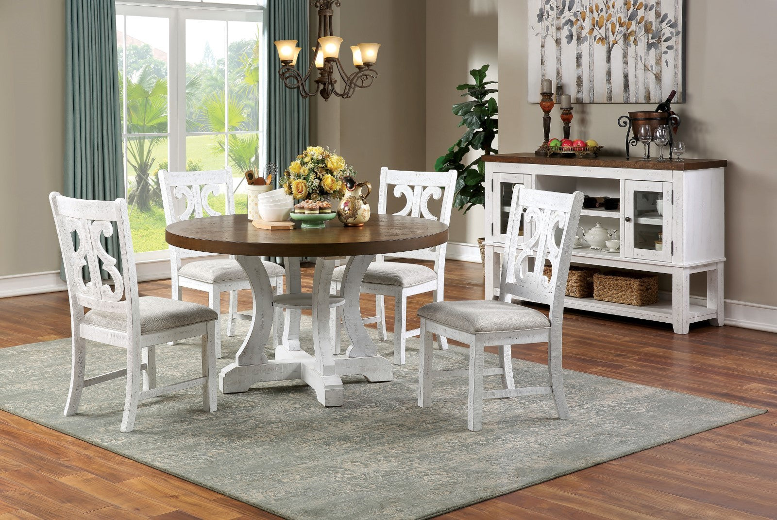 Lavish Design Distressed White 2Pcs Dining Chairs Only, Gray Padded Fabric Seat Dining Room Kitchen Furniture Solid Wood Decorative Back White Gray Dining Room Modern,Rustic Dining Chairs Solid Wood